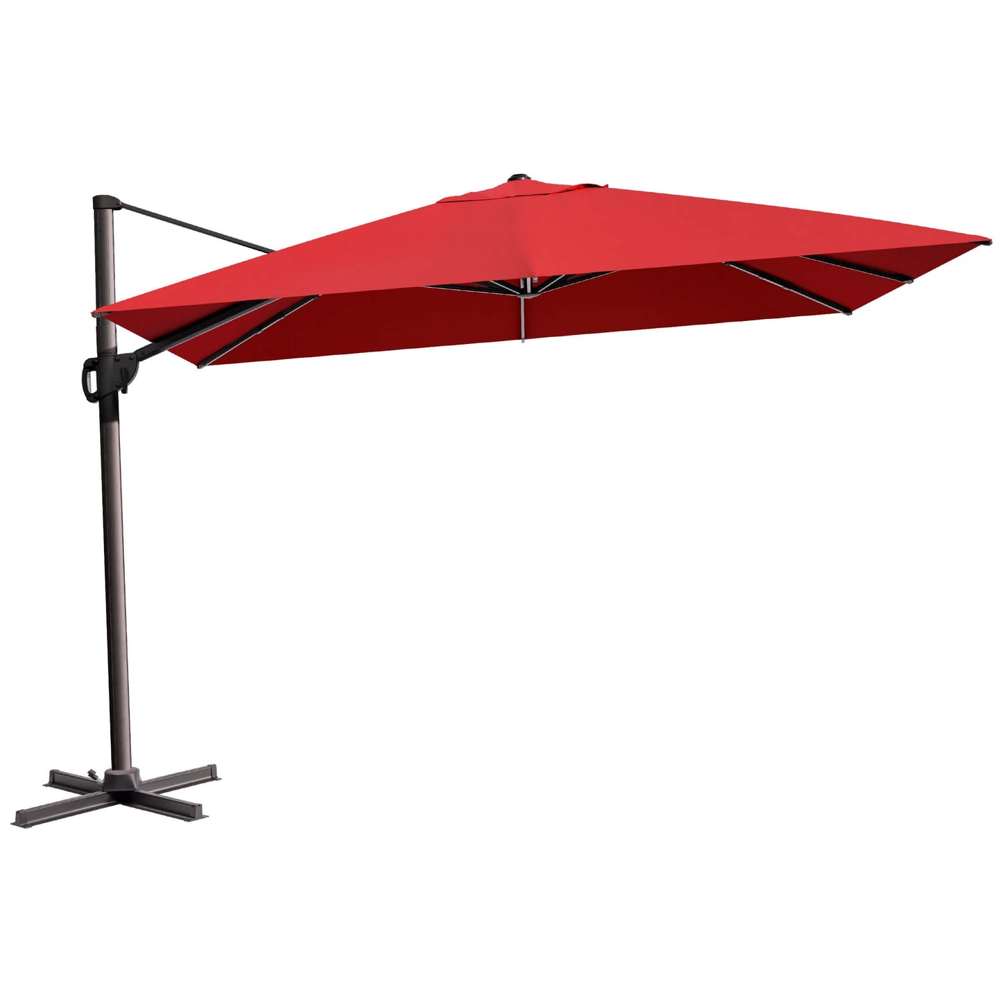 Red rectangular cantilever umbrella with cross base.
