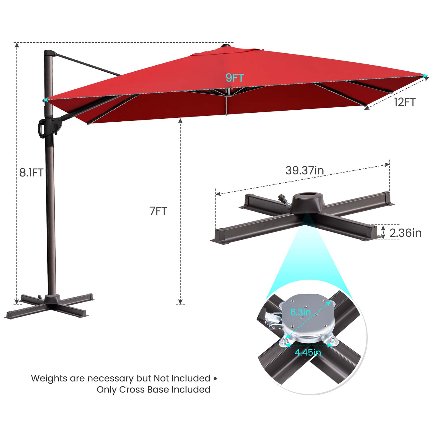 12x9 FT red rectangular cantilever umbrella & cross base dimensions.