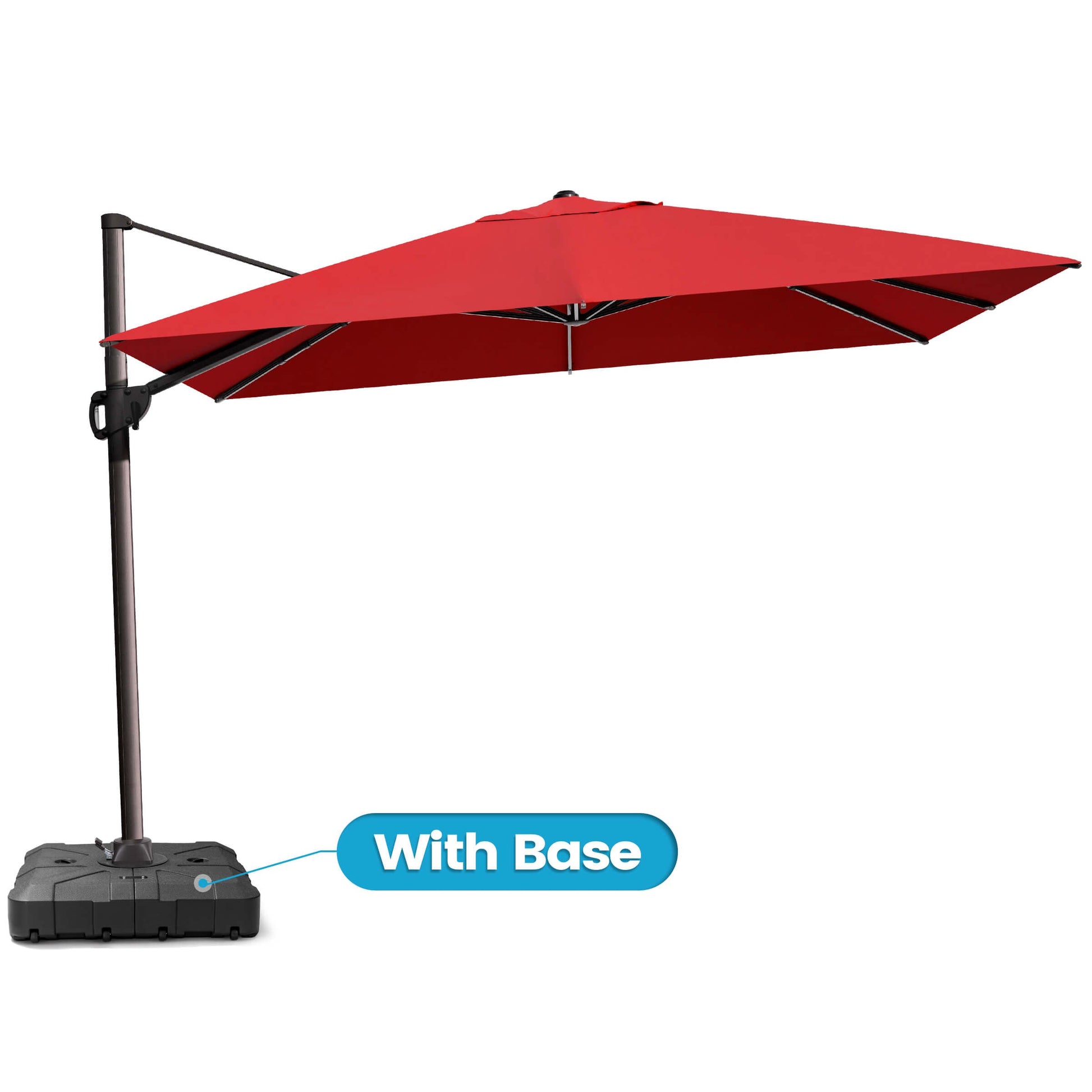 Red rectangular cantilever umbrella with weighted base.