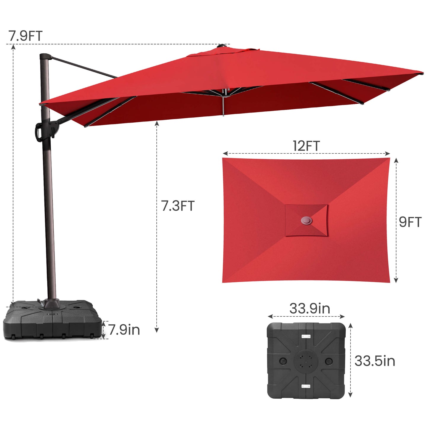 12x9 FT red rectangular cantilever umbrella & weighted base dimensions.