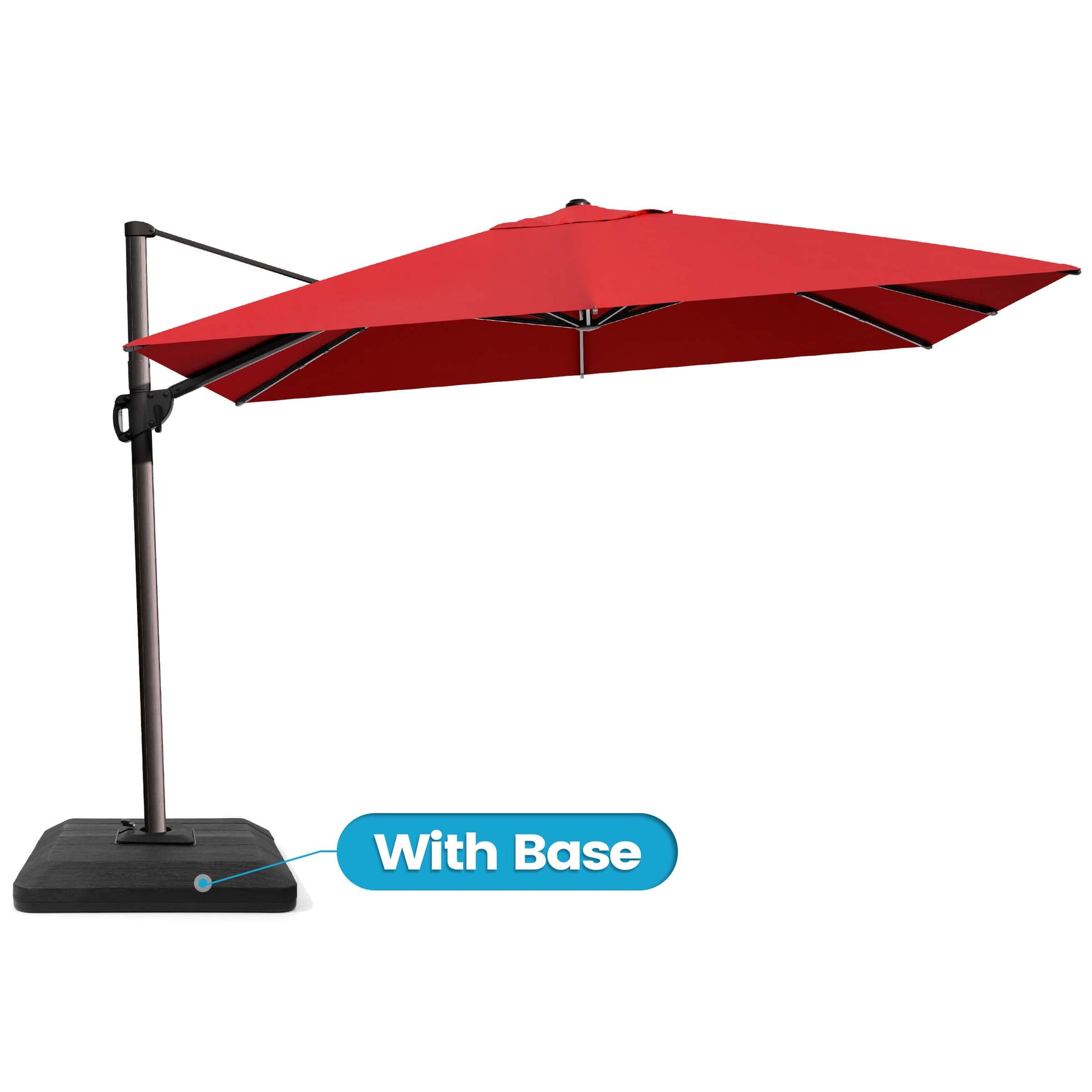 Red rectangular cantilever umbrella with weighted base.