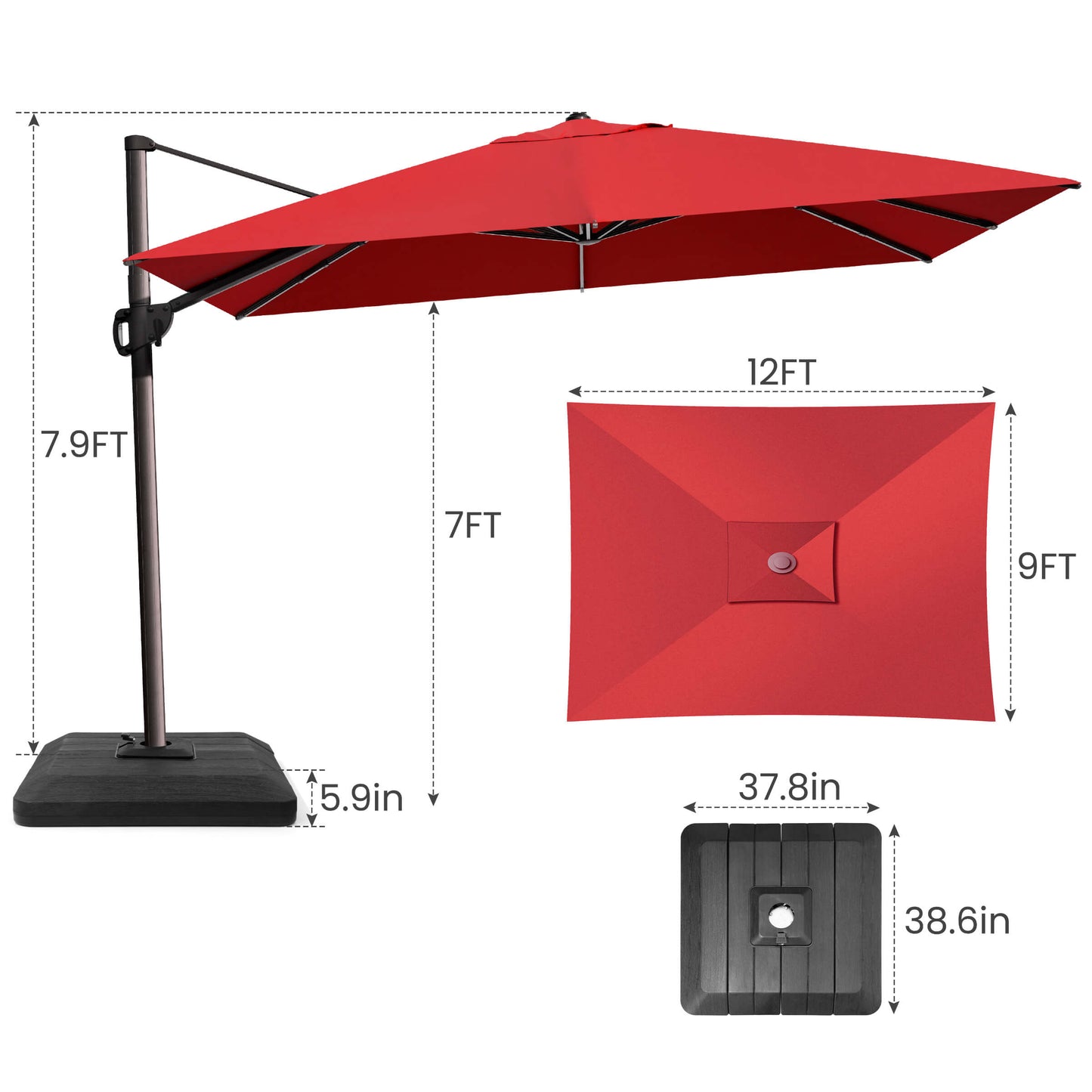 12x9 FT red rectangular cantilever umbrella & weighted base dimensions.