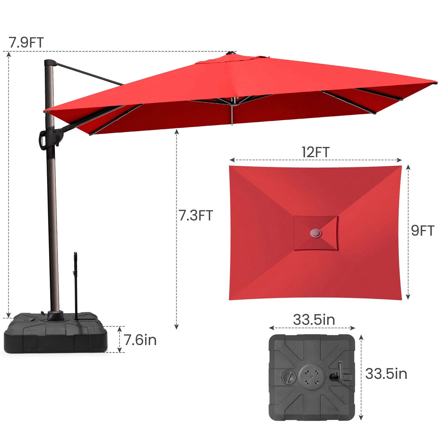 12x9 FT red rectangular cantilever umbrella & pull-rod base dimensions.
