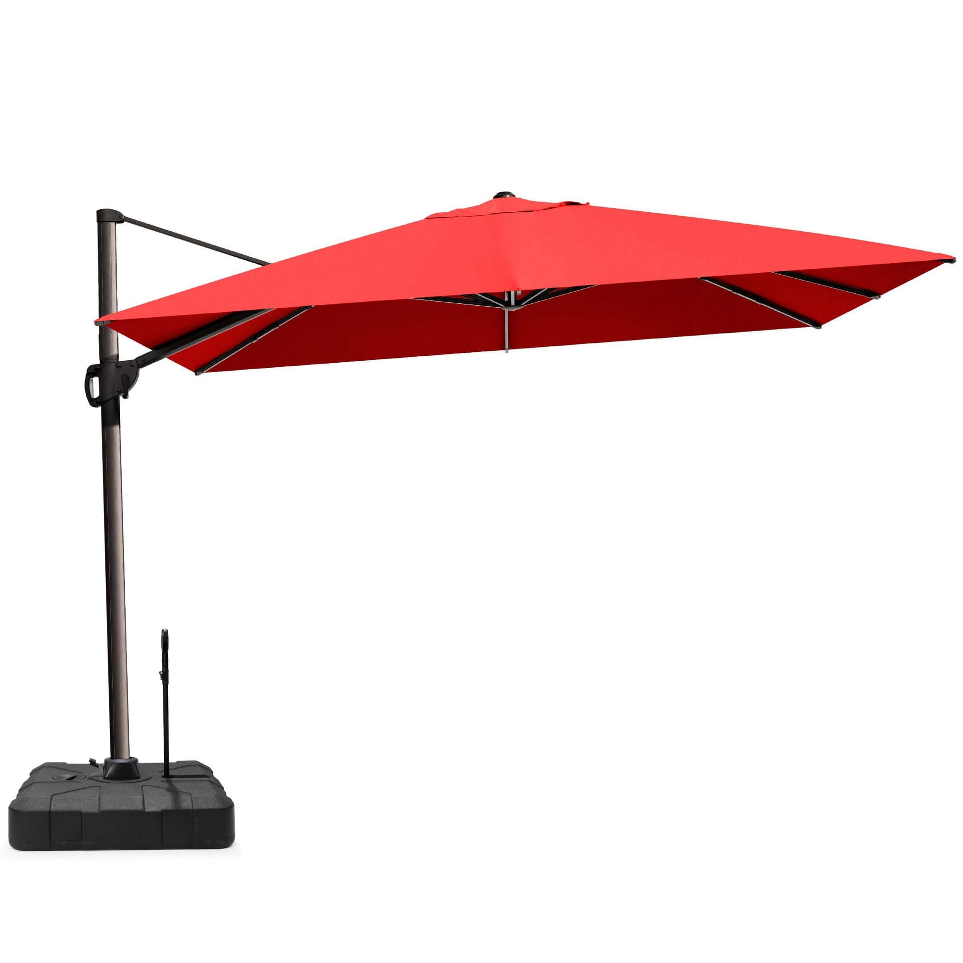 Red rectangular cantilever umbrella with pull-rod base.