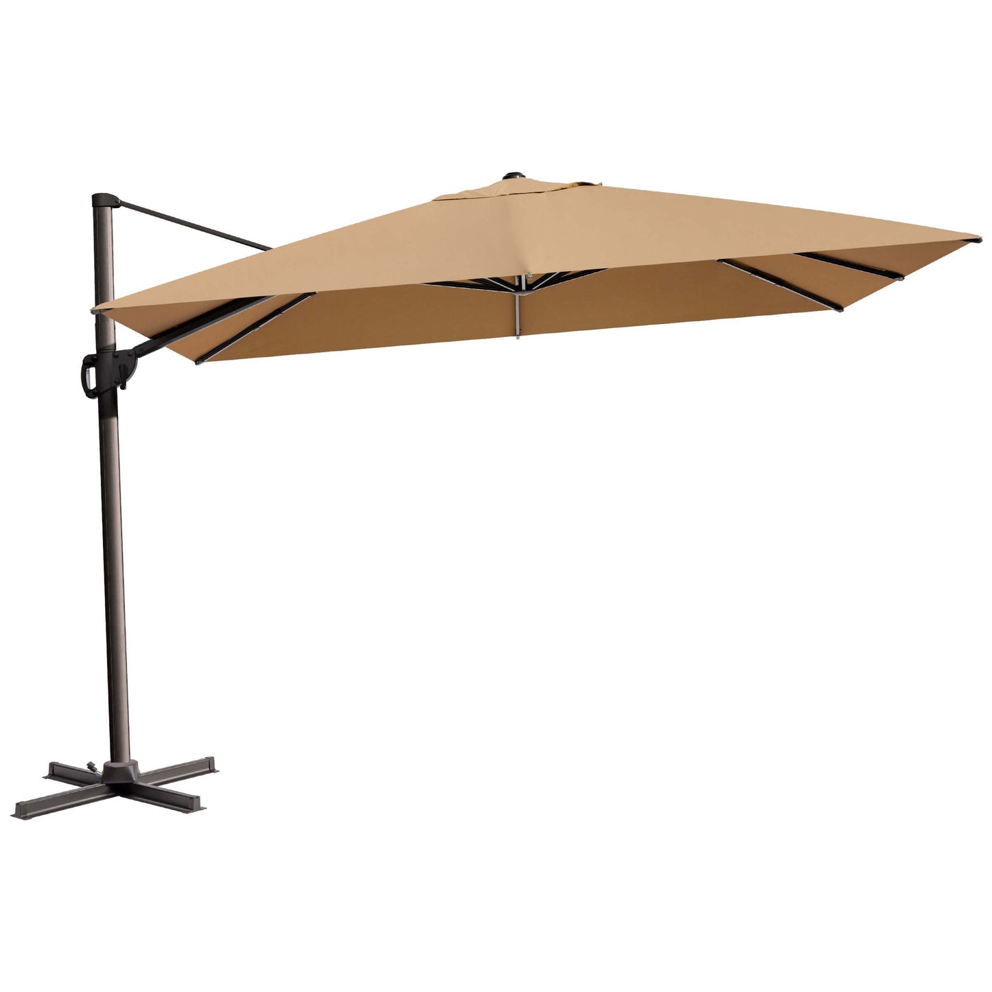 Khaki rectangular cantilever umbrella with cross base.