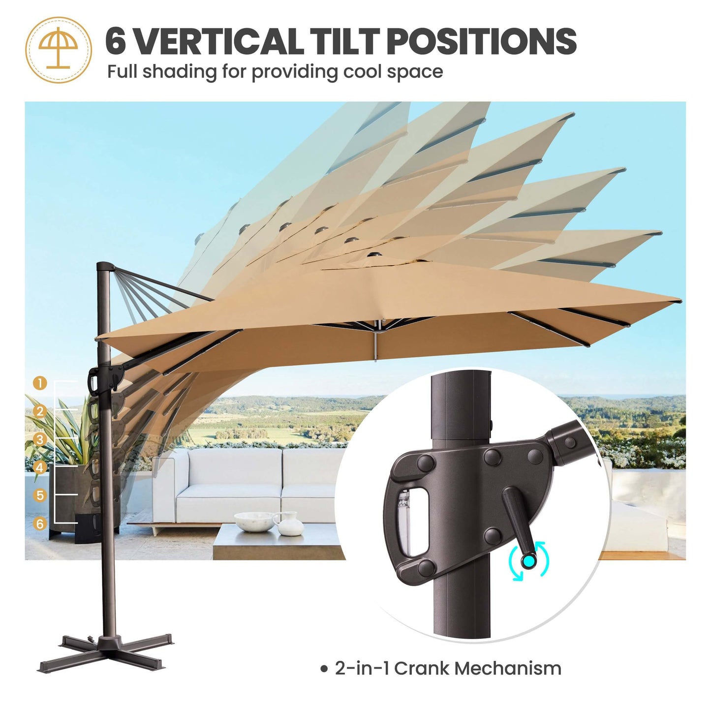 Khaki cantilever umbrella with 6 vertical tilt positions & crank.