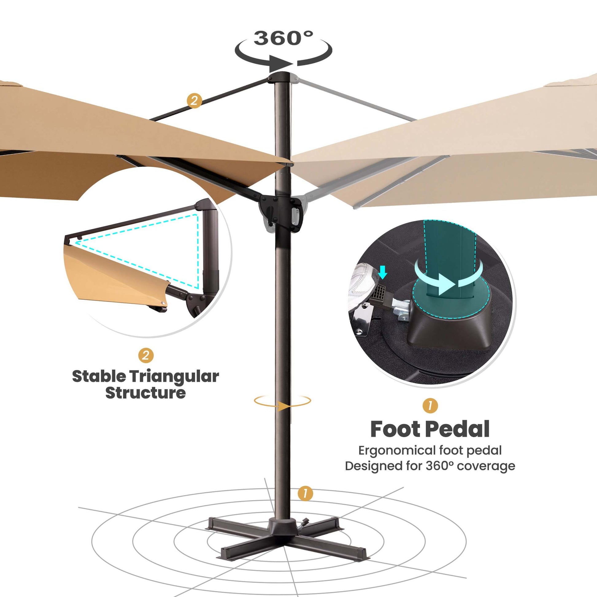 Khaki cantilever umbrella with 360° rotating foot pedal.