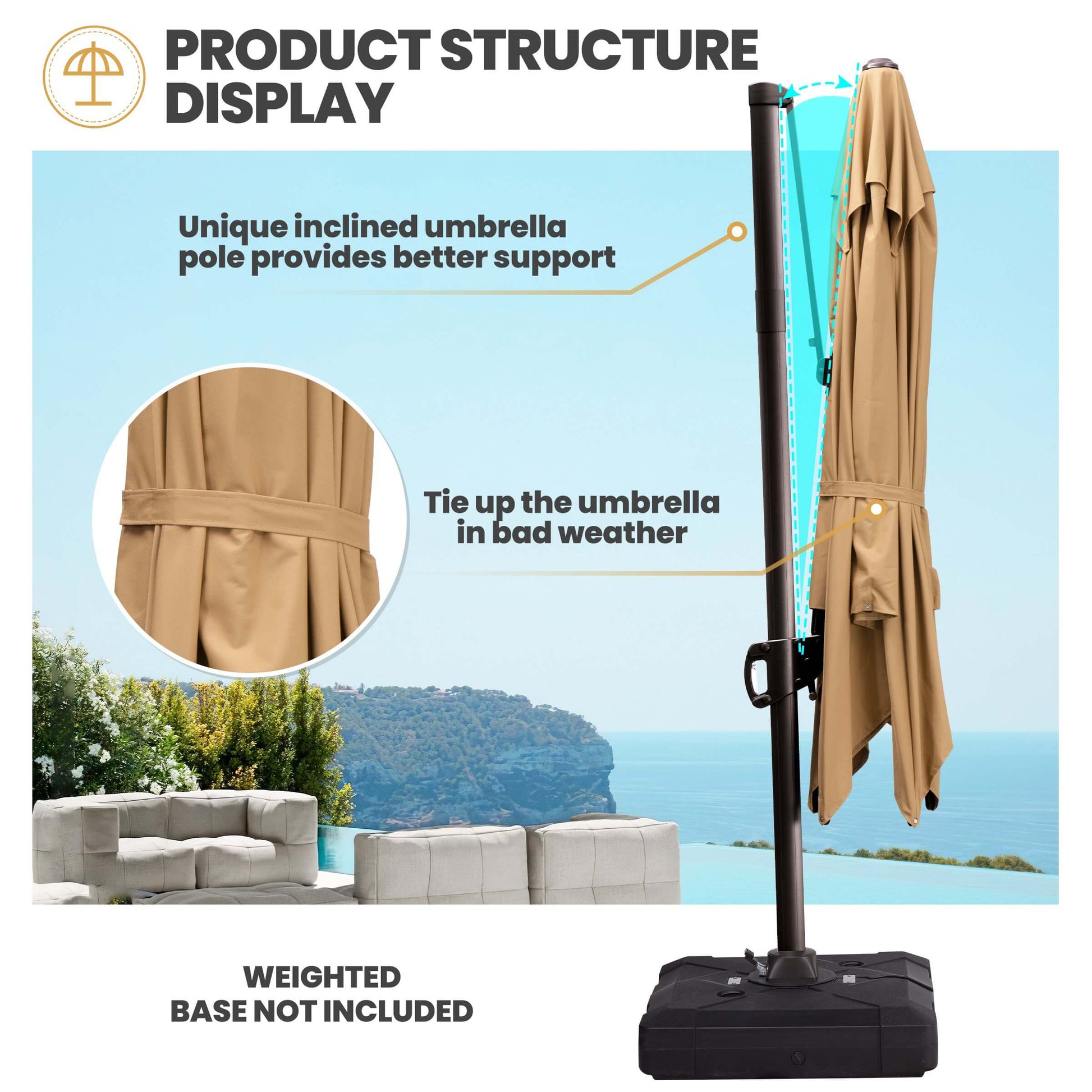 Khaki cantilever umbrella structure with inclined pole and tie-up strap.