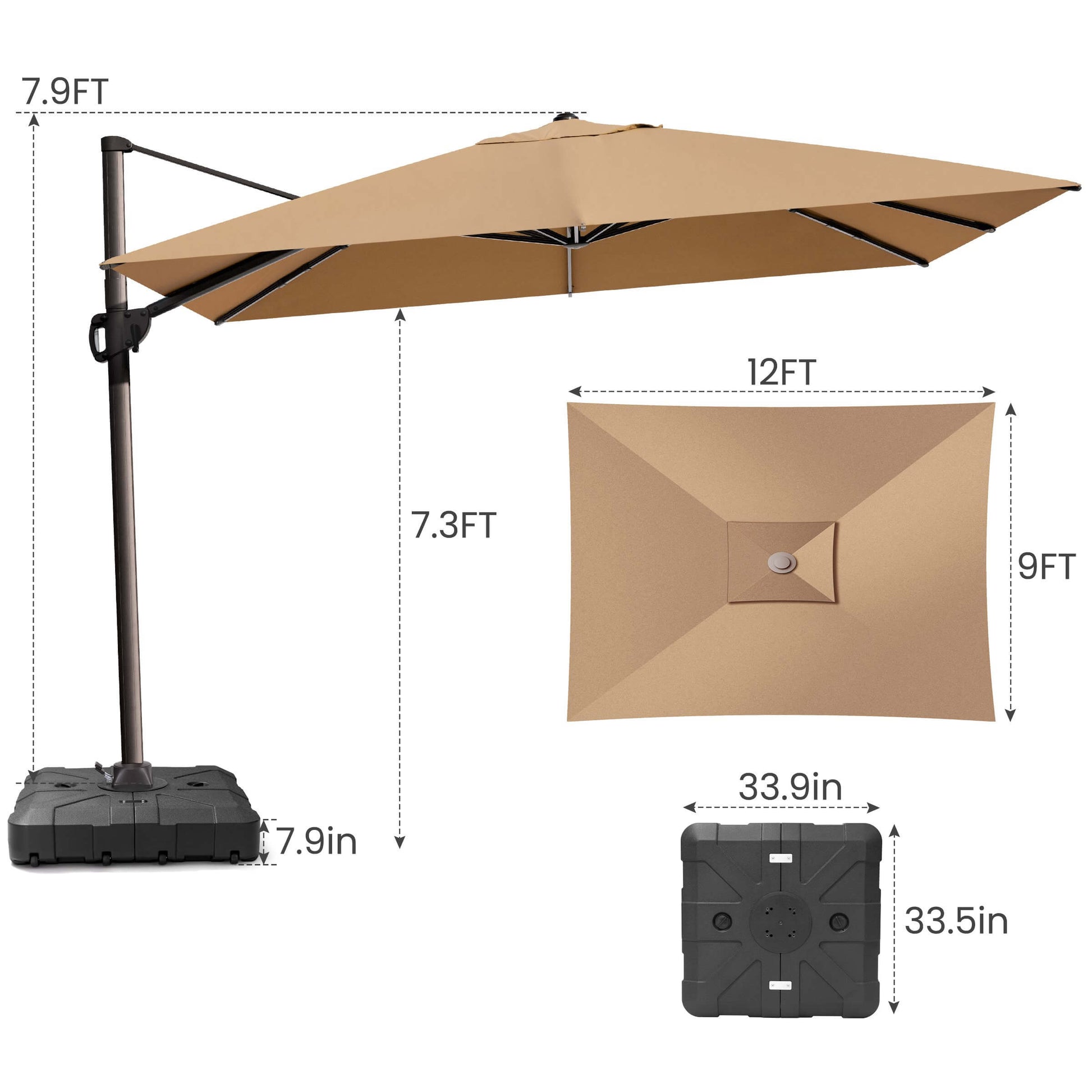 12 x 9 FT khaki rectangular cantilever umbrella & wheeled base dimensions.