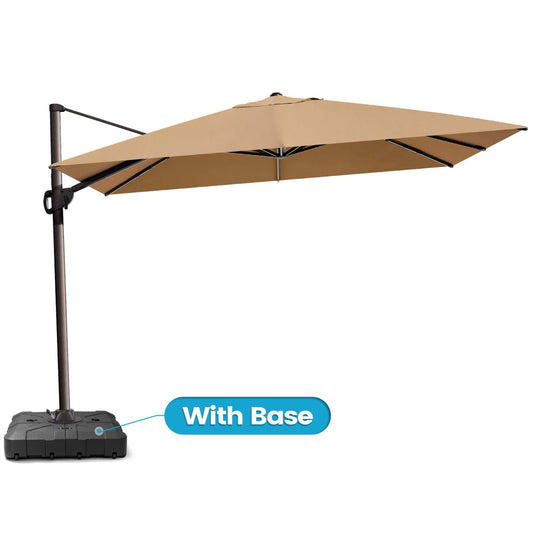 Khaki cantilever umbrella with wheeled base.