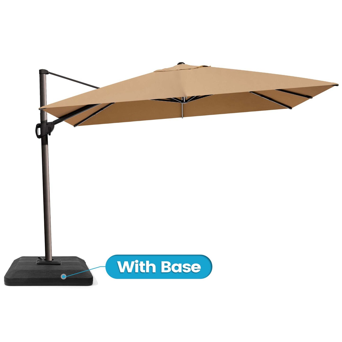 Khaki rectangular cantilever umbrella with weighted base.
