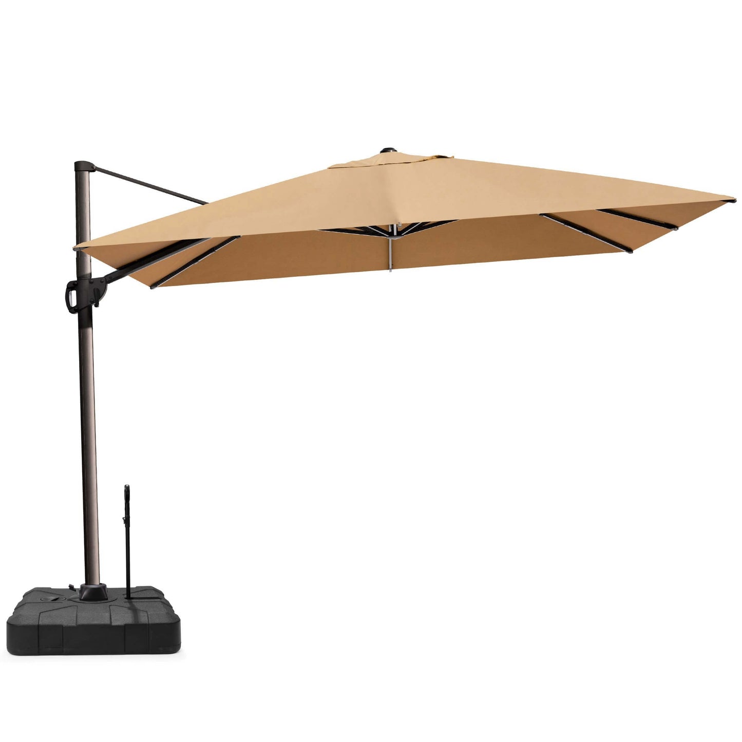 Khaki rectangular cantilever umbrella with pull-rod base.