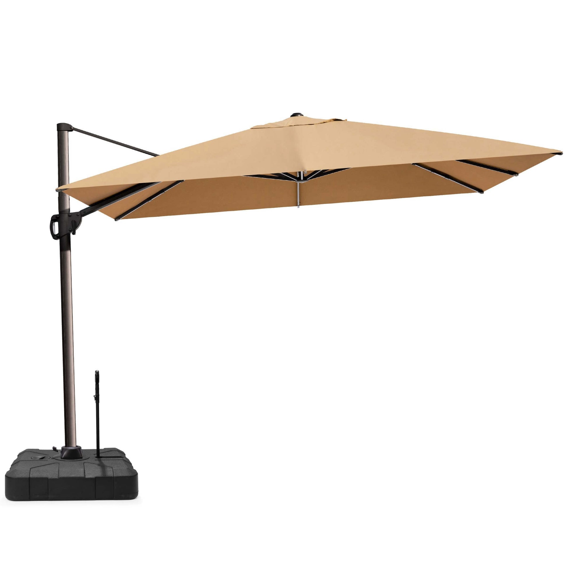 Khaki rectangular cantilever umbrella with pull-rod base.