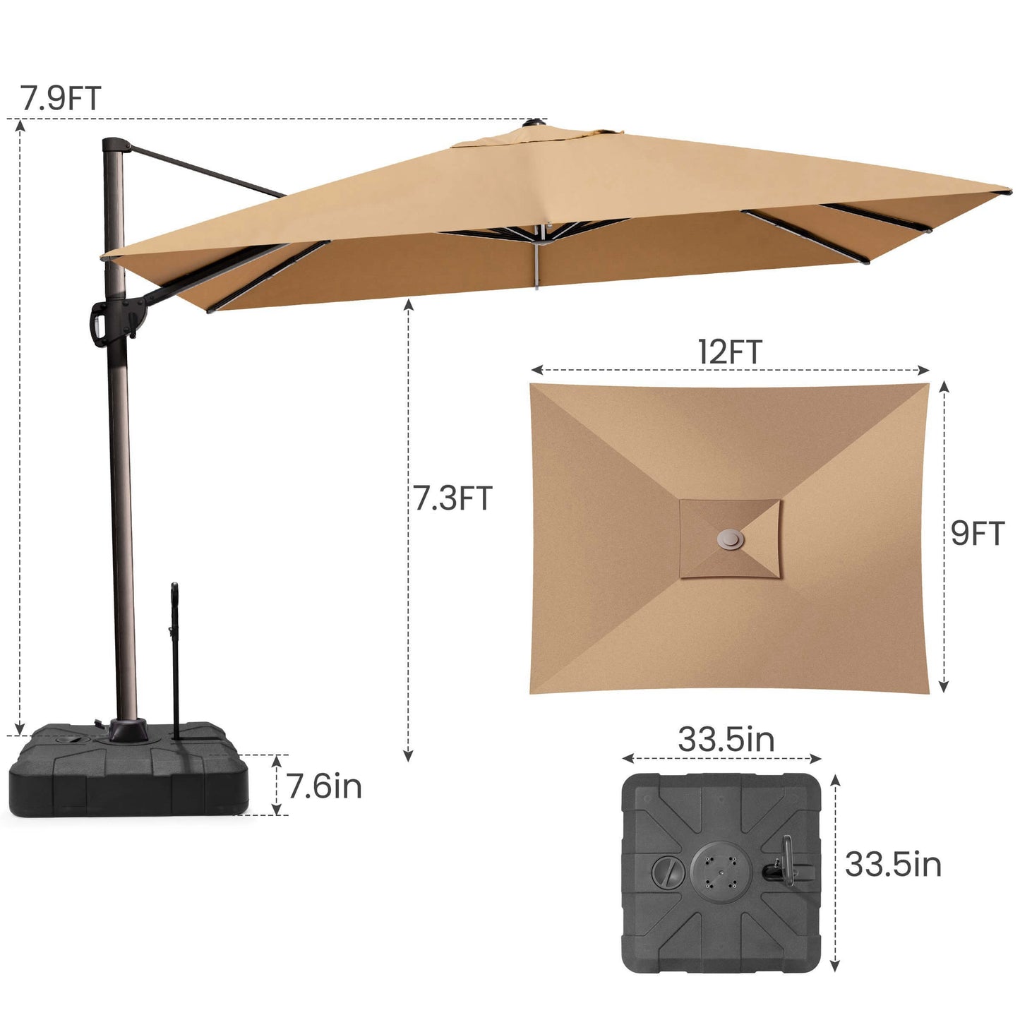 12x9 FT khaki rectangular cantilever umbrella & pull-rod base dimensions.