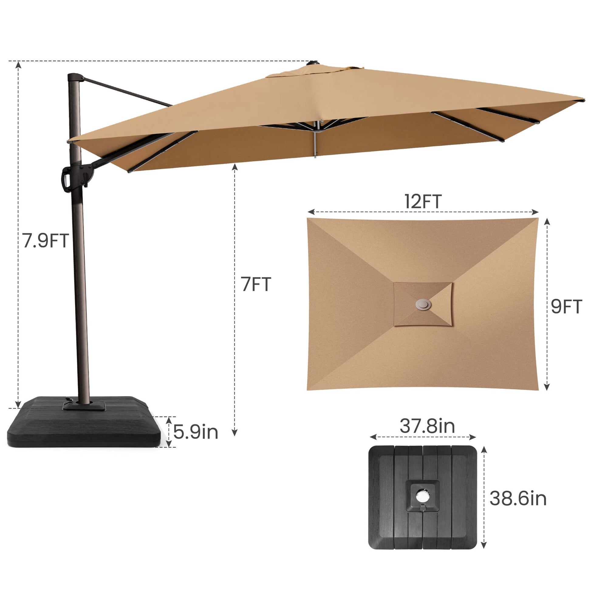 9x12 FT khaki rectangular cantilever umbrella & weighted base dimensions.