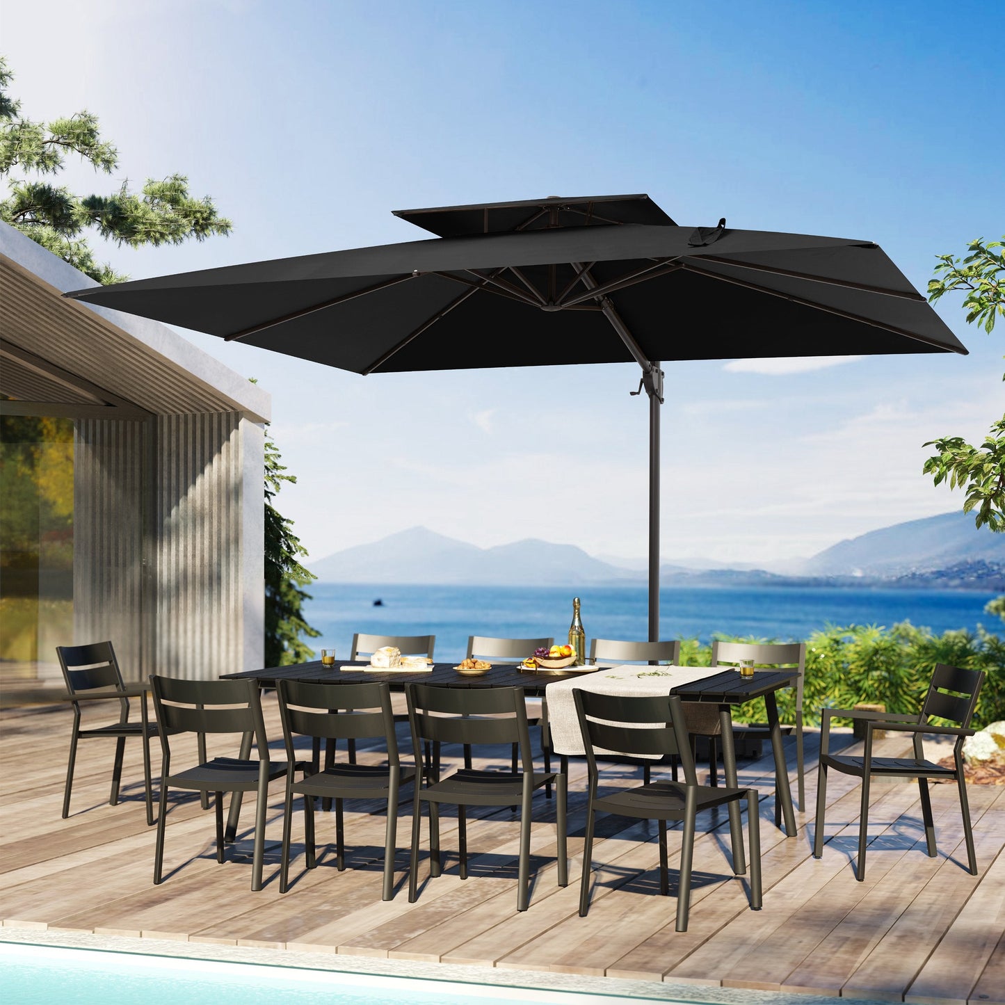 12x9 ft Aluminum Cantilever Patio Umbrella with Double Top (Base Options)