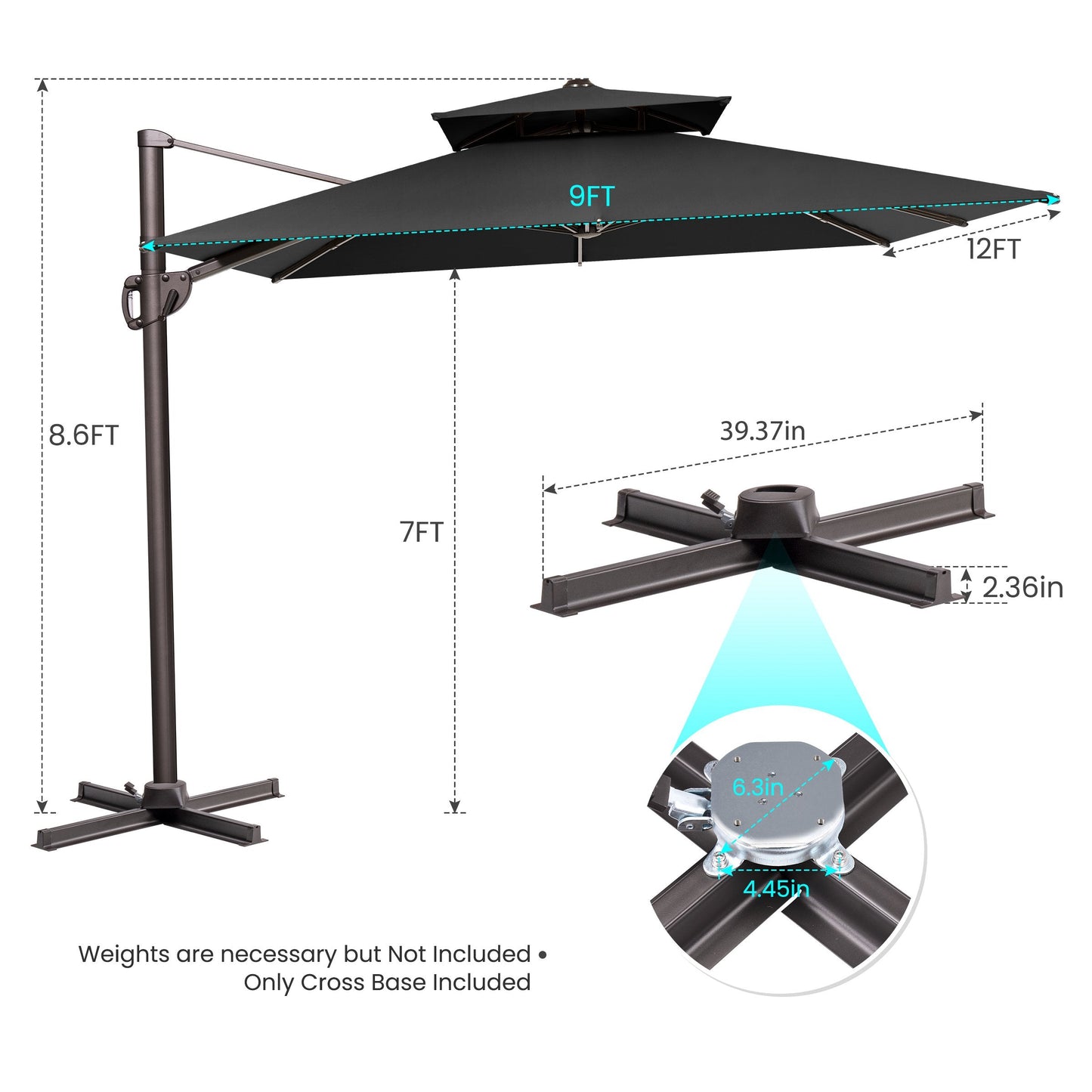 12x9 ft Aluminum Cantilever Patio Umbrella with Double Top (Base Options)