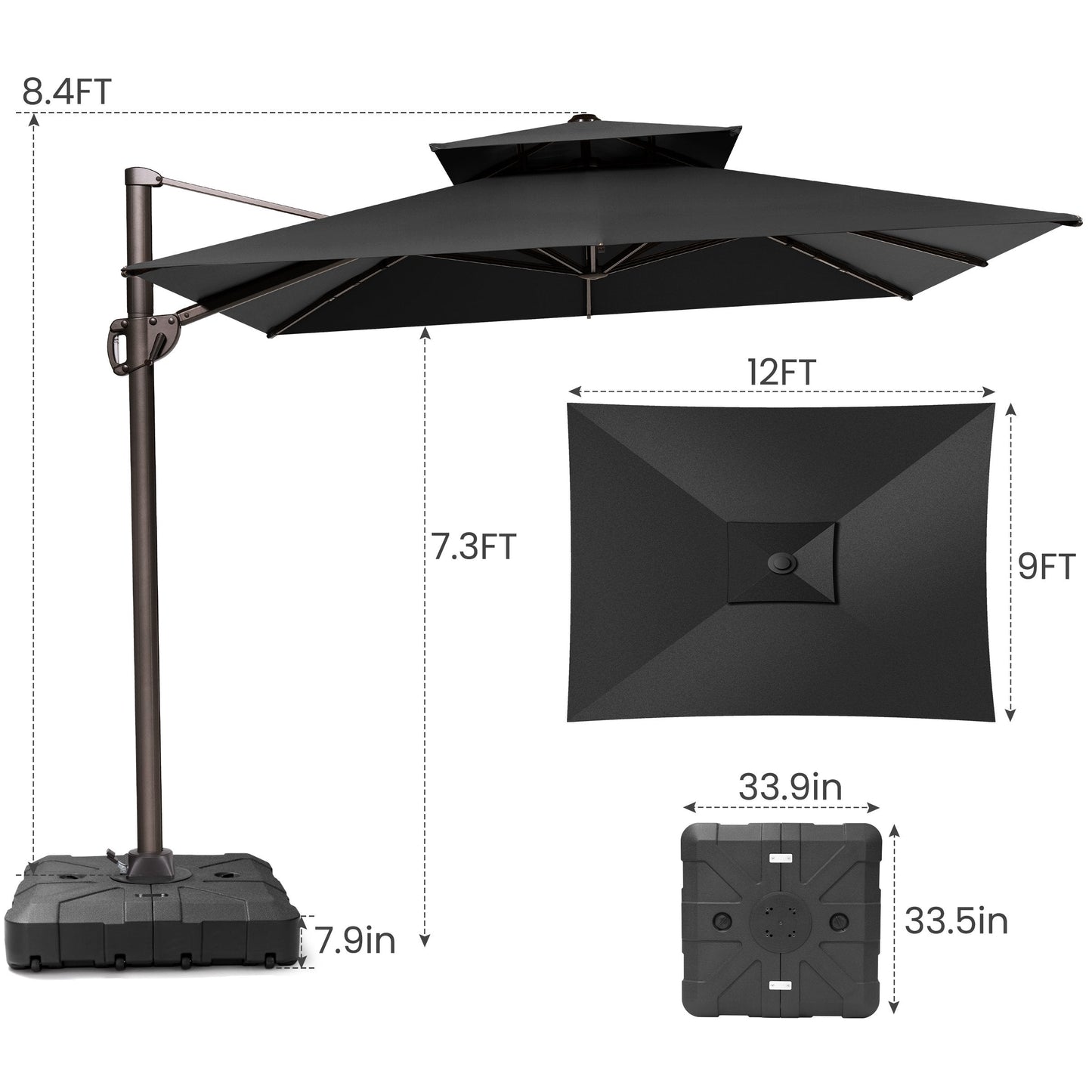 12x9 ft Aluminum Cantilever Patio Umbrella with Double Top (Base Options)