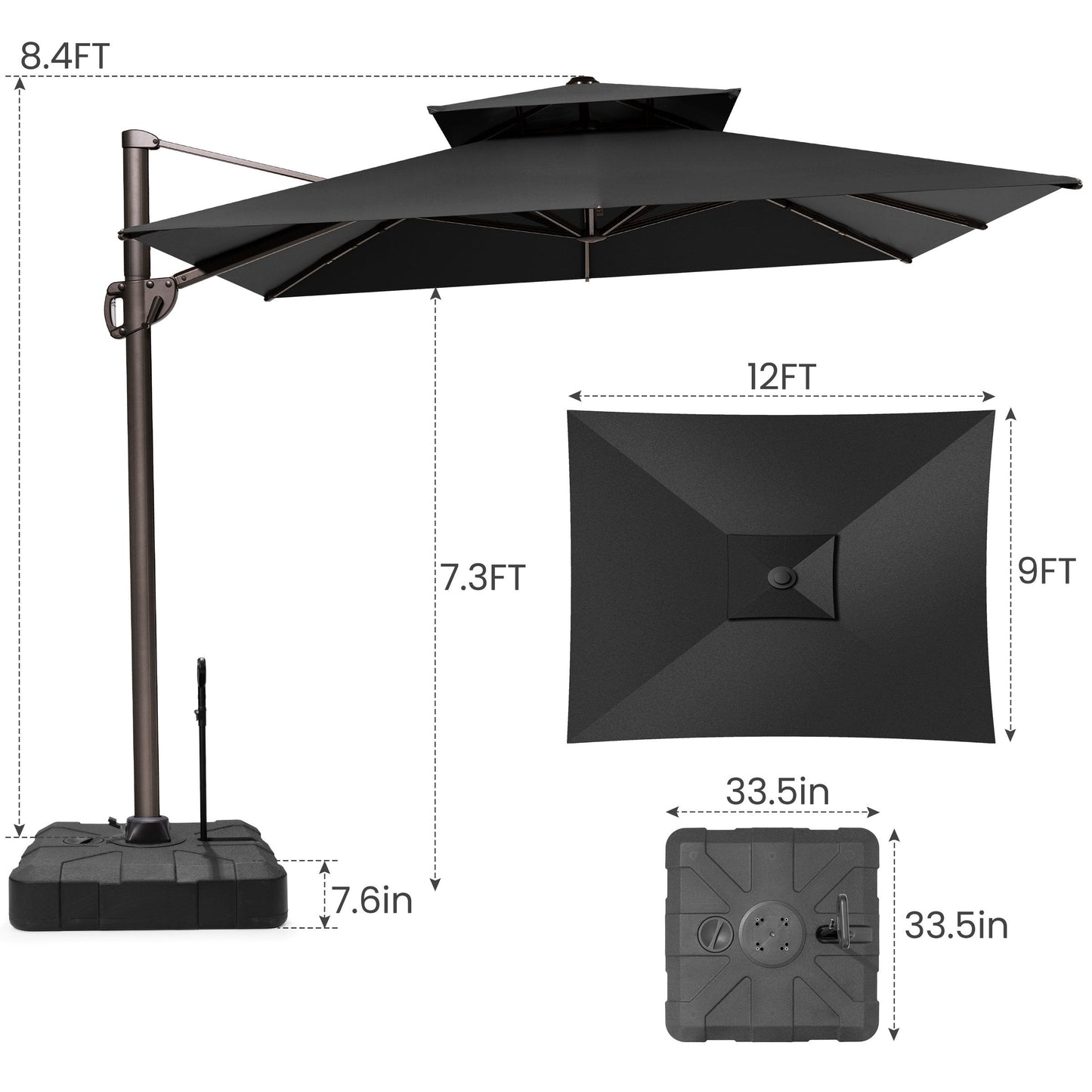 12x9 ft Aluminum Cantilever Patio Umbrella with Double Top (Base Options)