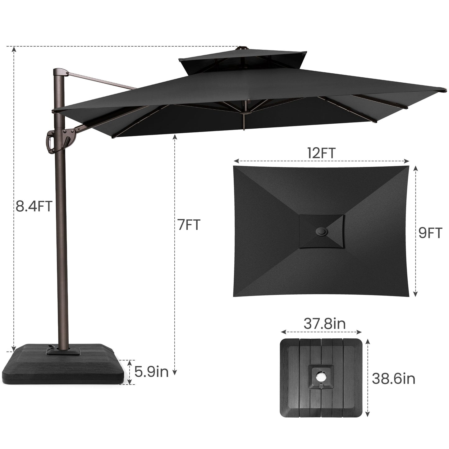 12x9 ft Aluminum Cantilever Patio Umbrella with Double Top (Base Options)