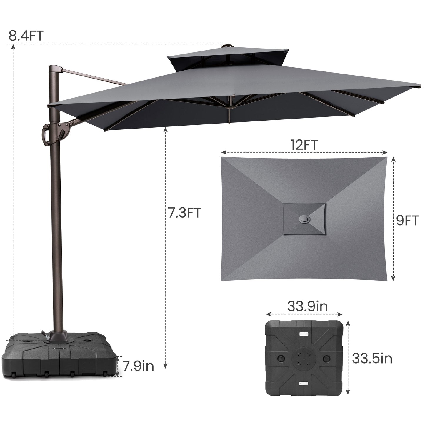 12x9 ft Aluminum Cantilever Patio Umbrella with Double Top (Base Options)