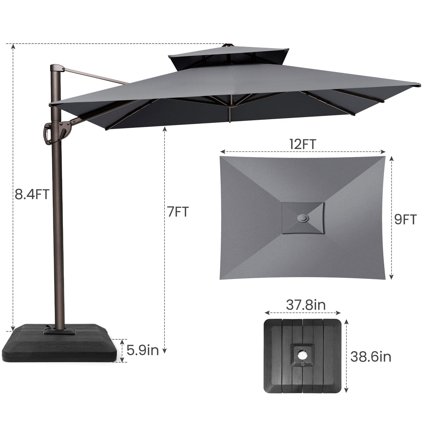 12x9 ft Aluminum Cantilever Patio Umbrella with Double Top (Base Options)