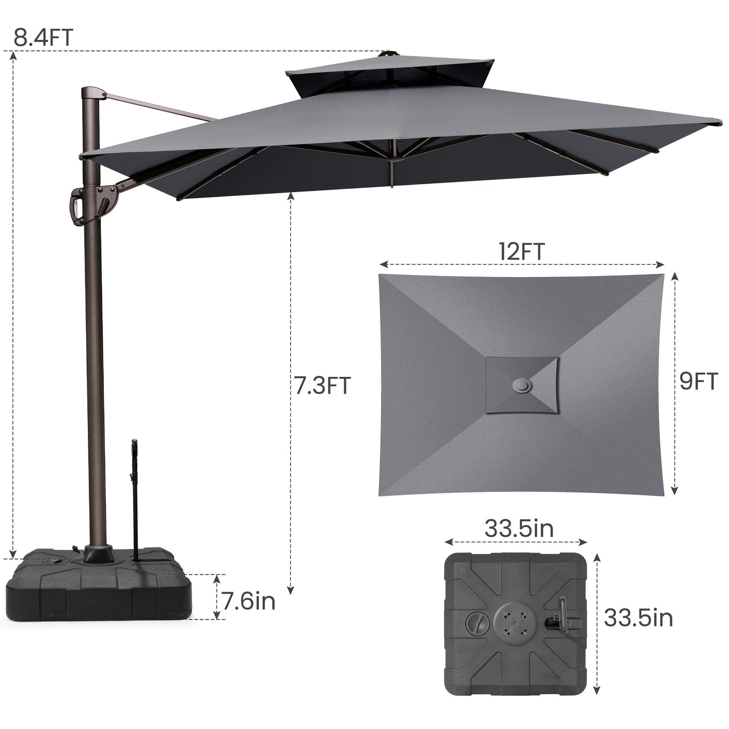 12x9 ft Aluminum Cantilever Patio Umbrella with Double Top (Base Options)