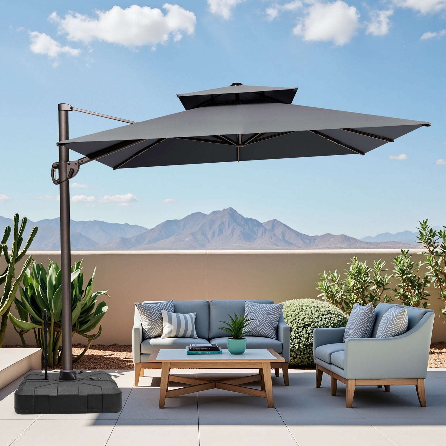 12x9 ft Aluminum Cantilever Patio Umbrella with Double Top (Base Options)