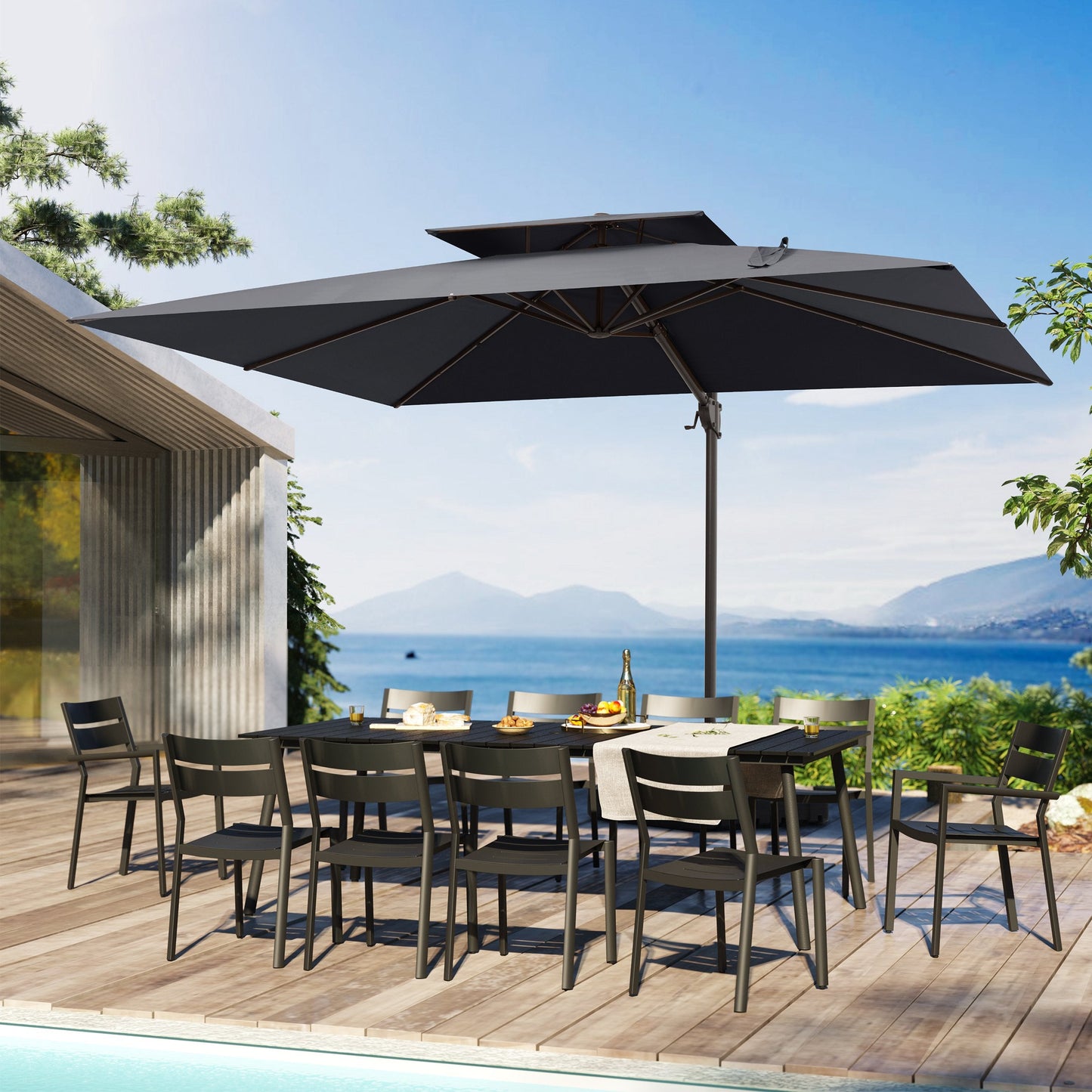 12x9 ft Aluminum Cantilever Patio Umbrella with Double Top (Base Options)