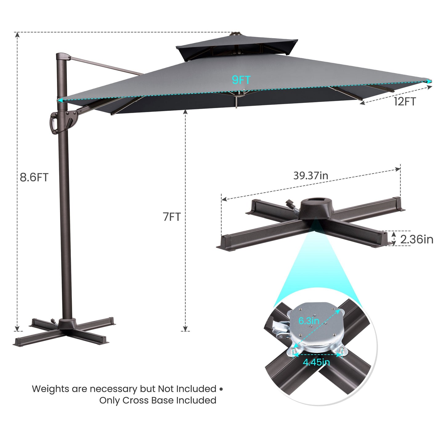 12x9 ft Aluminum Cantilever Patio Umbrella with Double Top (Base Options)