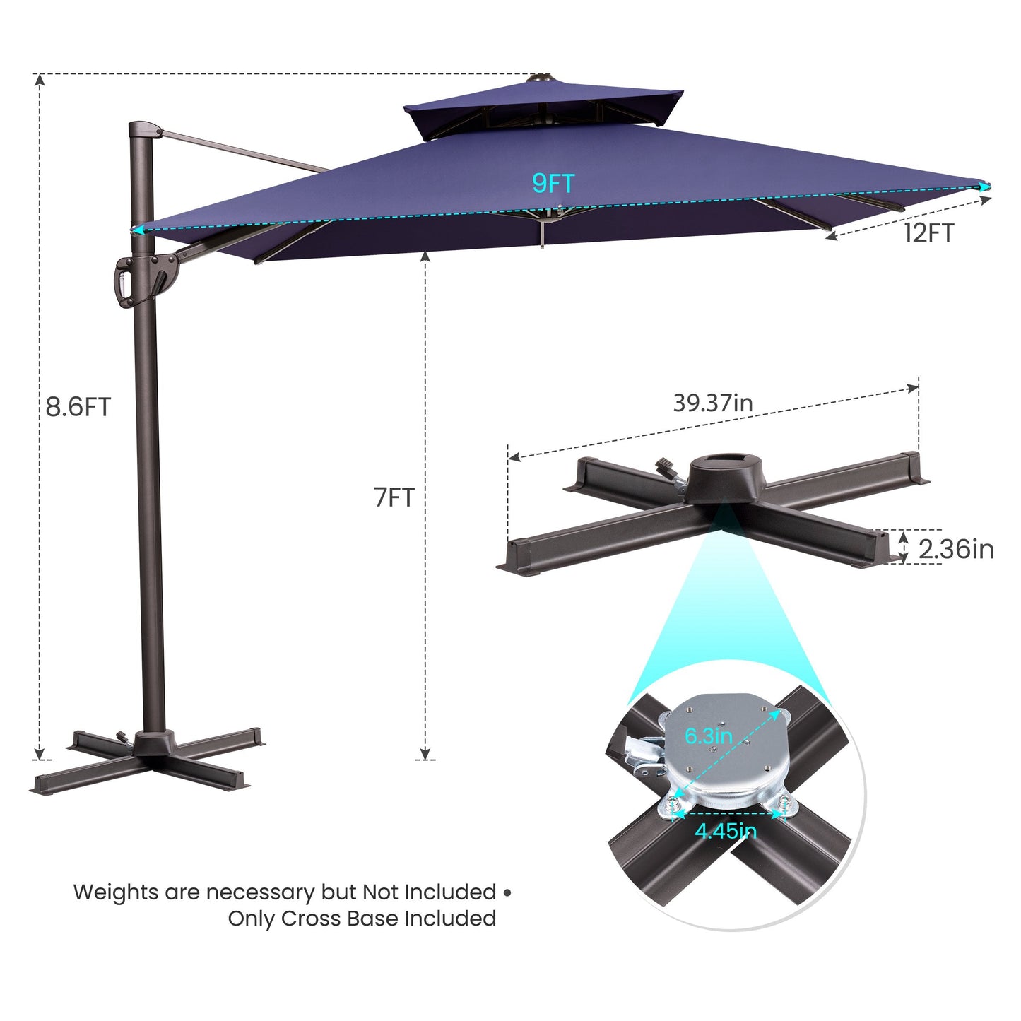 12x9 ft Aluminum Cantilever Patio Umbrella with Double Top (Base Options)