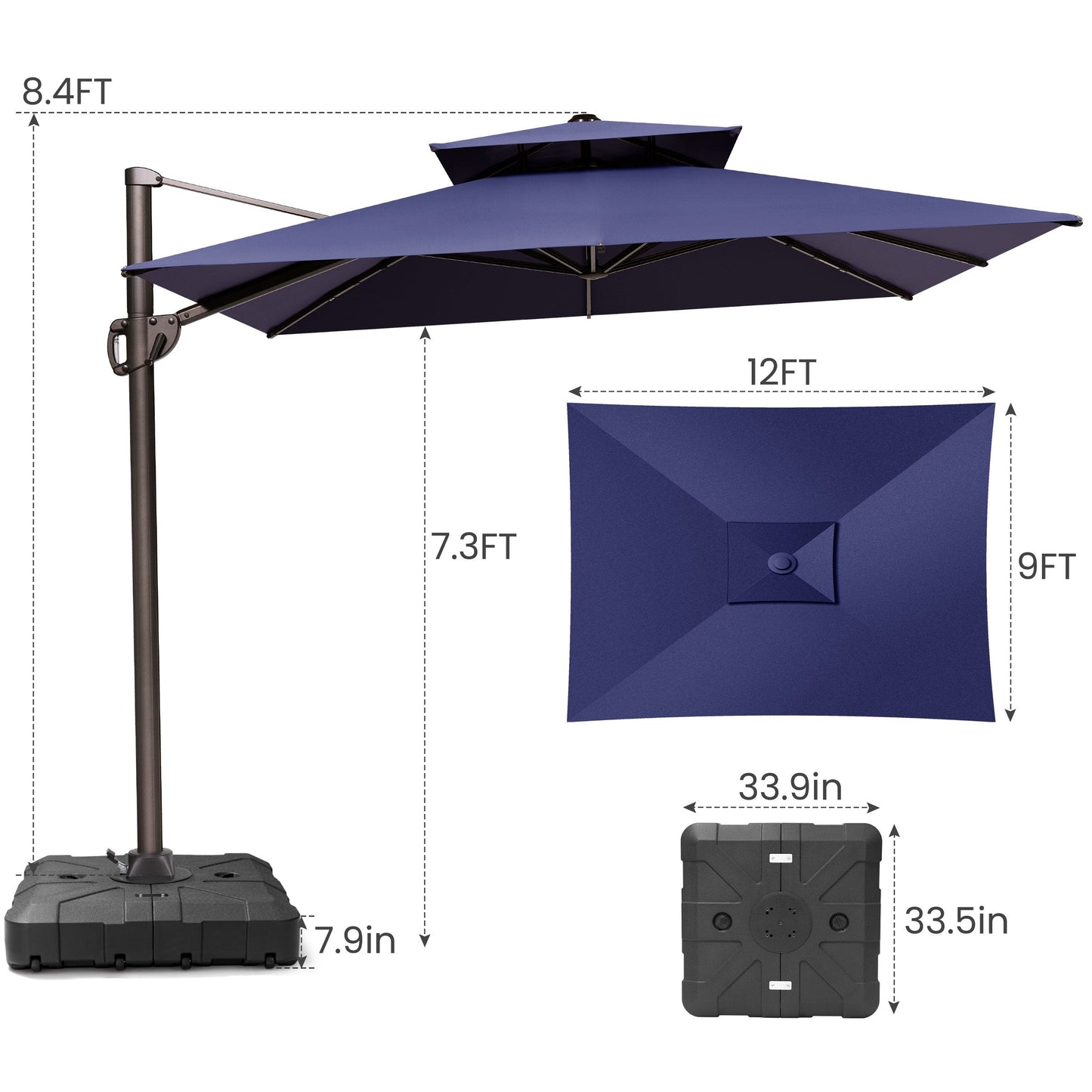 12x9 ft Aluminum Cantilever Patio Umbrella with Double Top (Base Options)