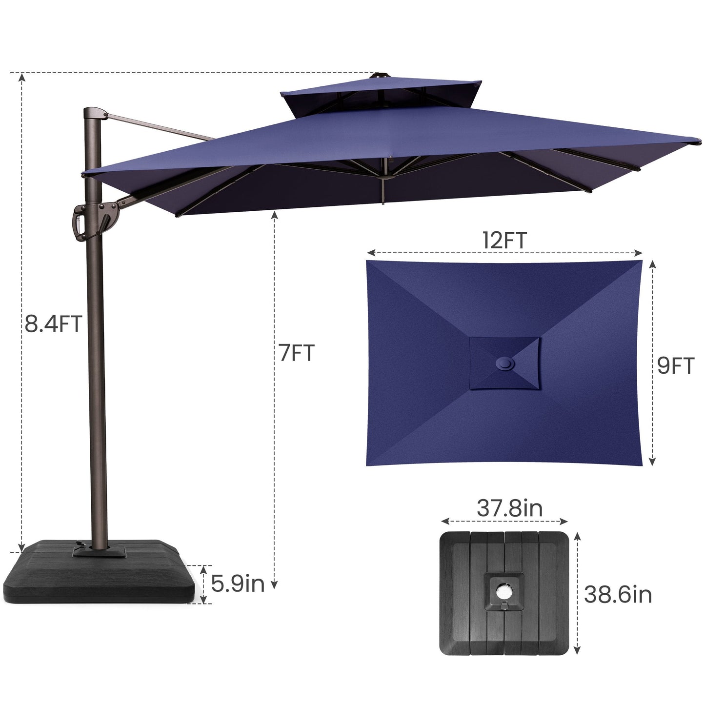 12x9 ft Aluminum Cantilever Patio Umbrella with Double Top (Base Options)