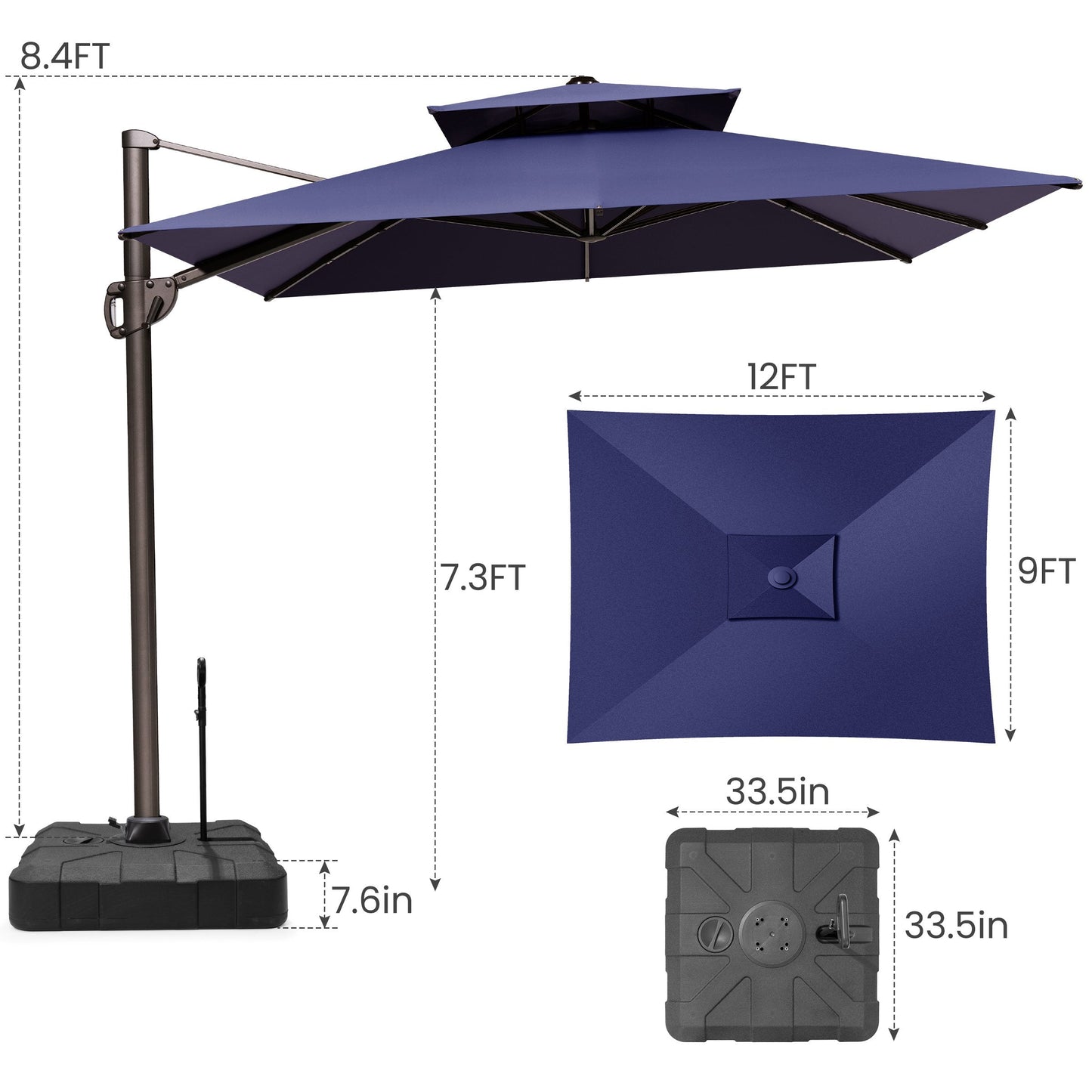 12x9 ft Aluminum Cantilever Patio Umbrella with Double Top (Base Options)