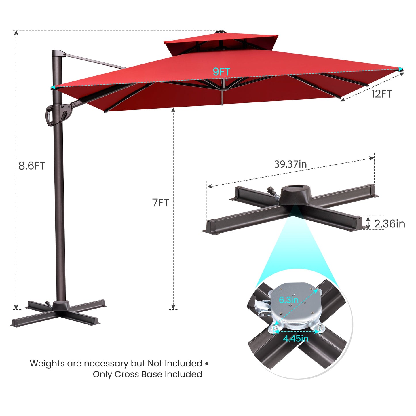 12x9 ft Aluminum Cantilever Patio Umbrella with Double Top (Base Options)