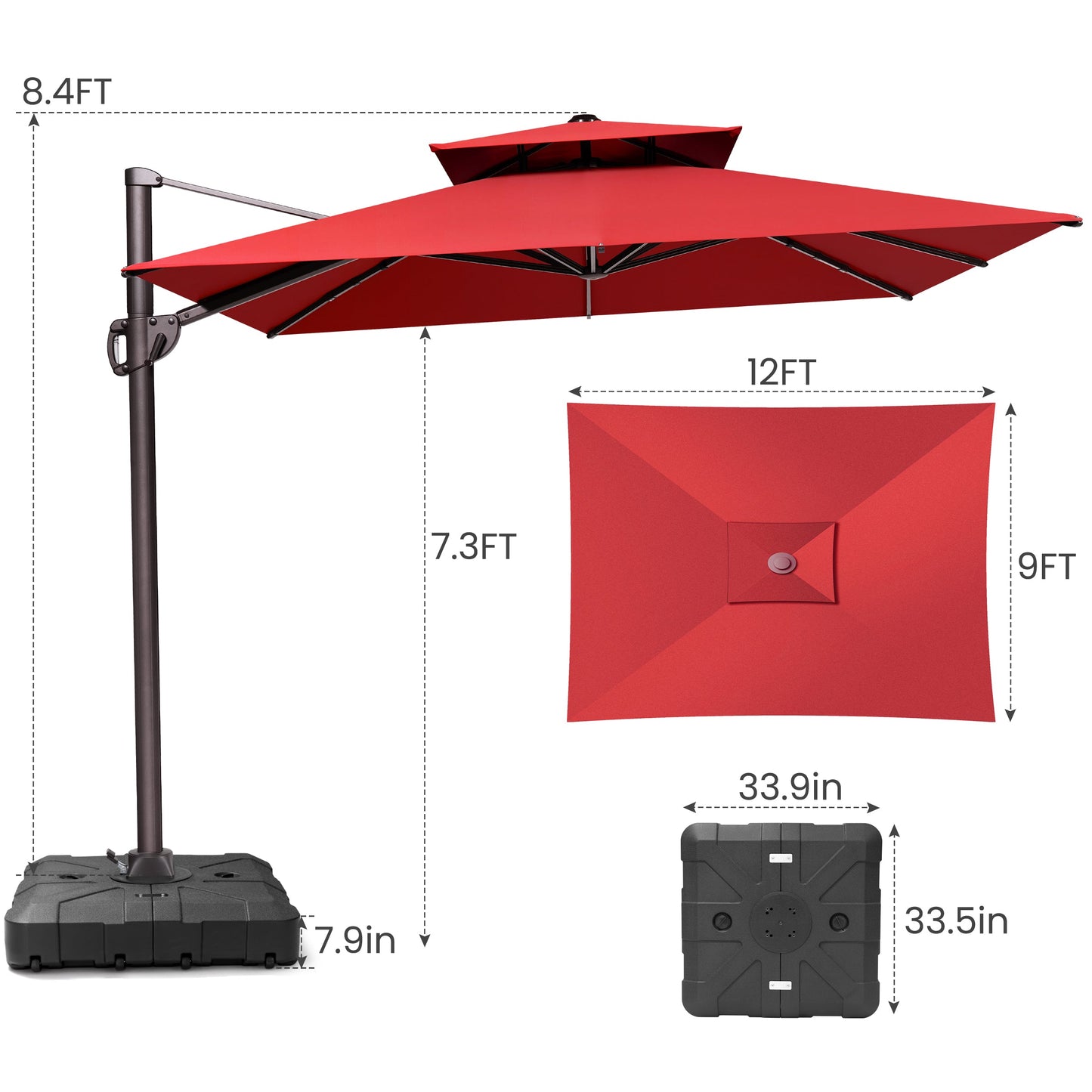 12x9 ft Aluminum Cantilever Patio Umbrella with Double Top (Base Options)