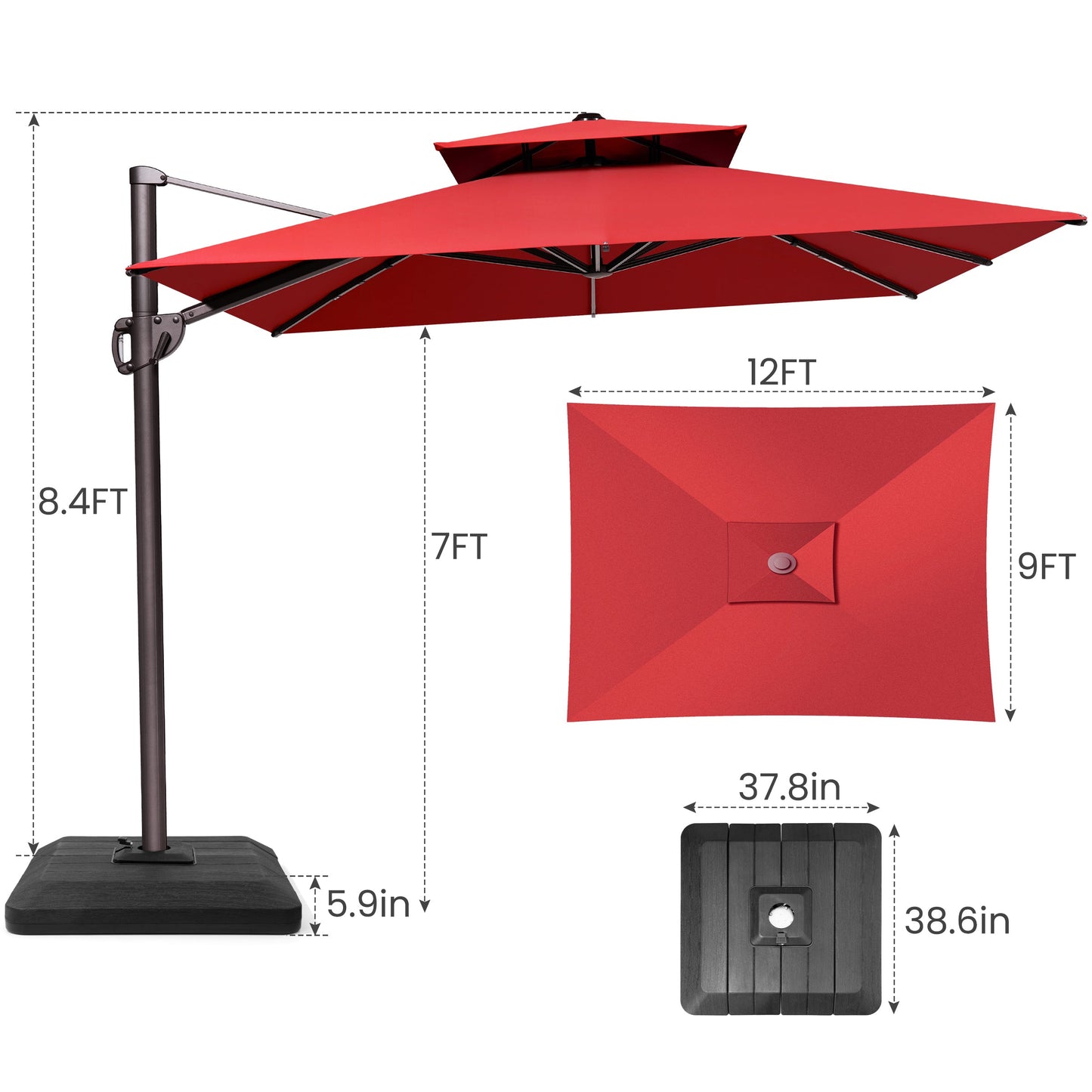 12x9 ft Aluminum Cantilever Patio Umbrella with Double Top (Base Options)