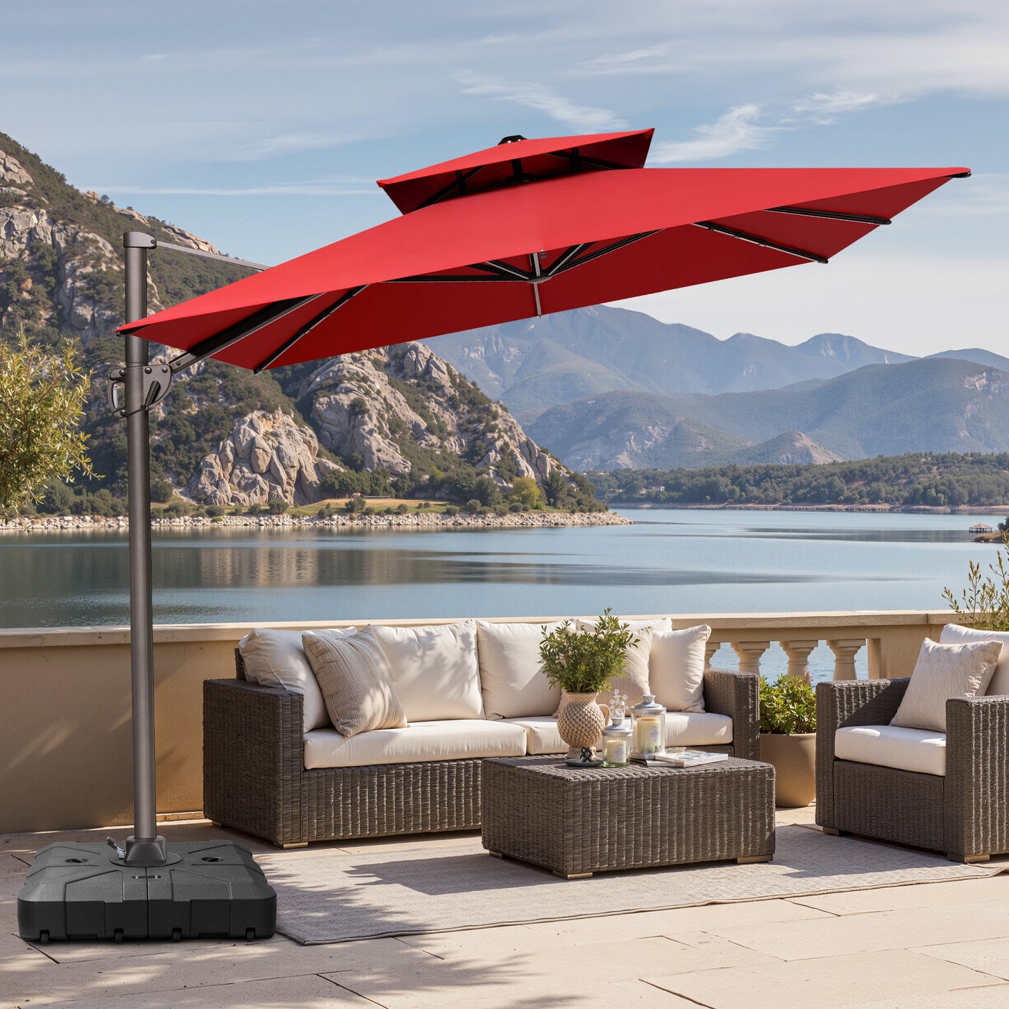 12x9 ft Aluminum Cantilever Patio Umbrella with Double Top (Base Options)