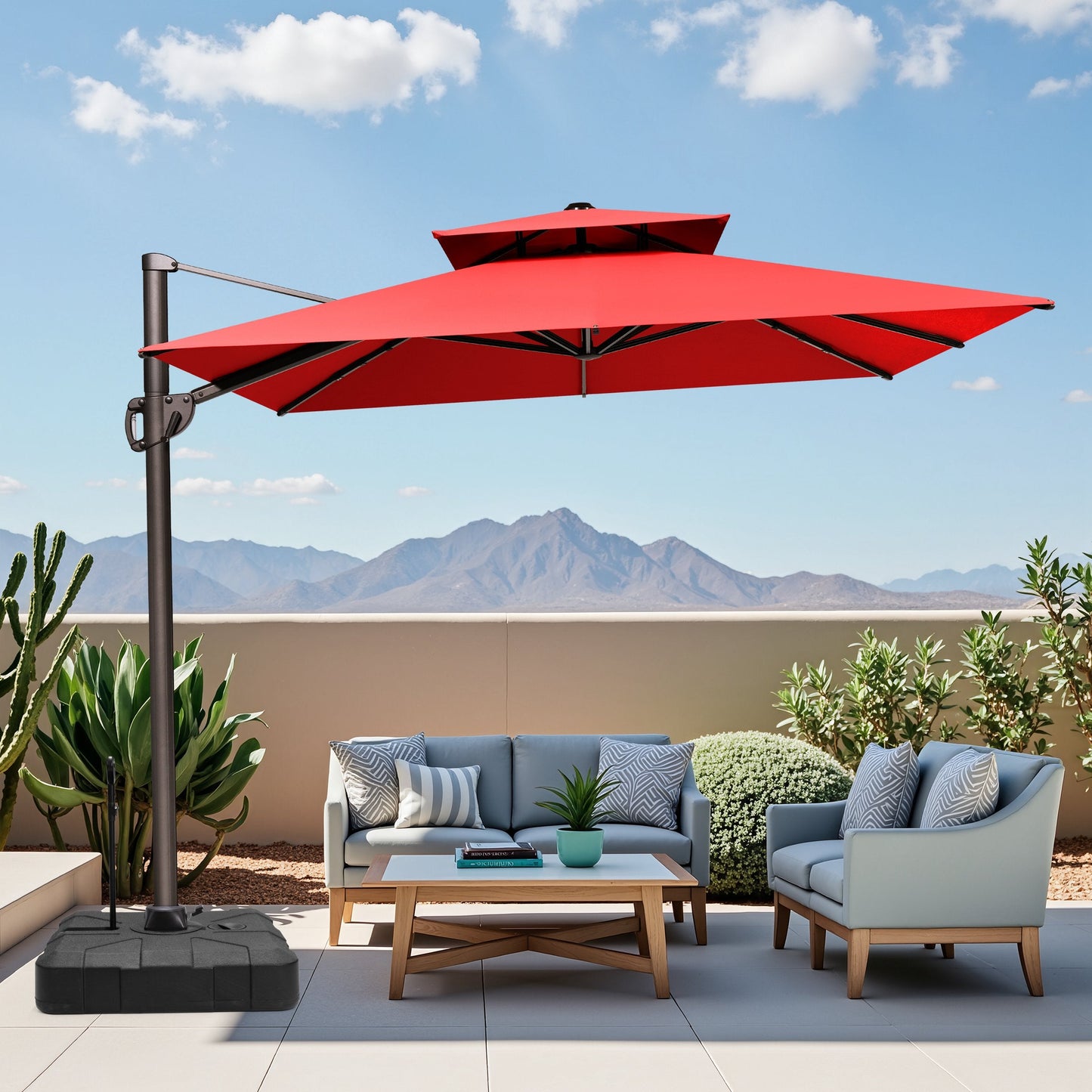 12x9 ft Aluminum Cantilever Patio Umbrella with Double Top (Base Options)