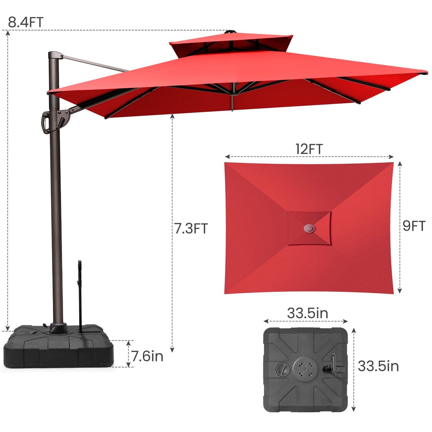 12x9 ft Aluminum Cantilever Patio Umbrella with Double Top (Base Options)