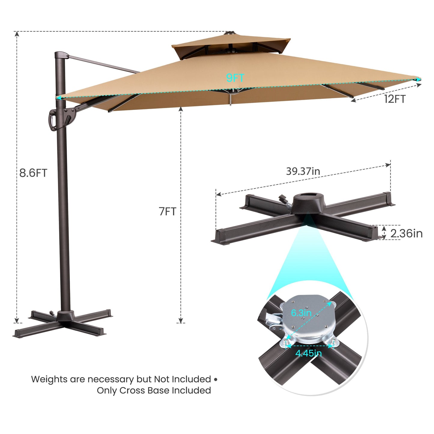 12x9 ft Aluminum Cantilever Patio Umbrella with Double Top (Base Options)