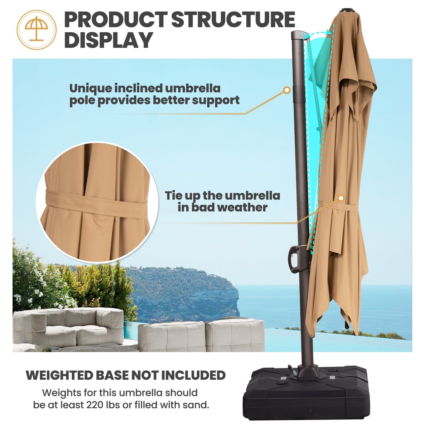 12x9 ft Aluminum Cantilever Patio Umbrella with Double Top (Base Options)