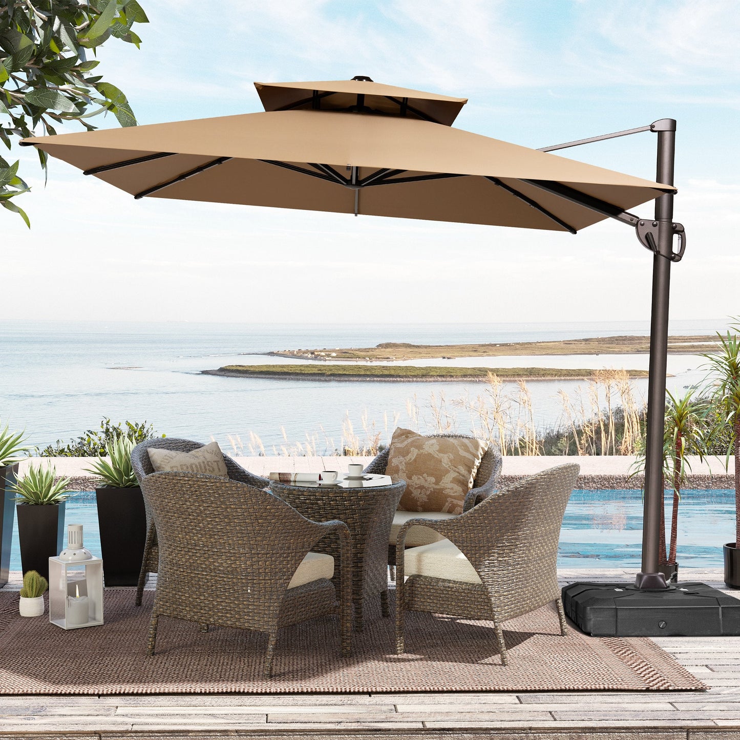 12x9 ft Aluminum Cantilever Patio Umbrella with Double Top (Base Options)