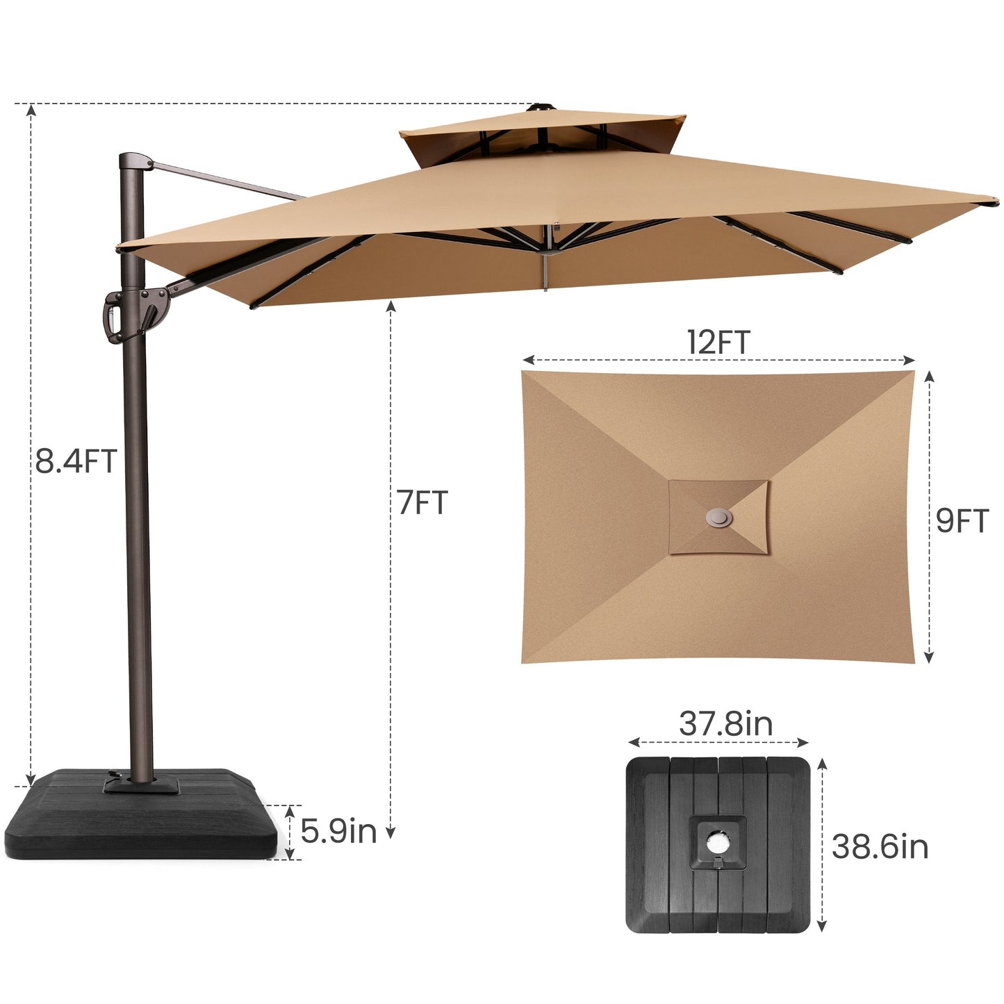 12x9 ft Aluminum Cantilever Patio Umbrella with Double Top (Base Options)
