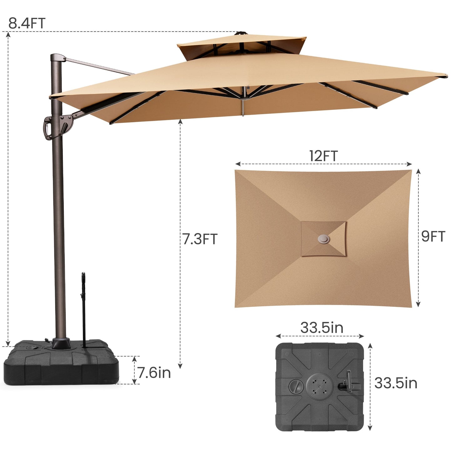 12x9 ft Aluminum Cantilever Patio Umbrella with Double Top (Base Options)