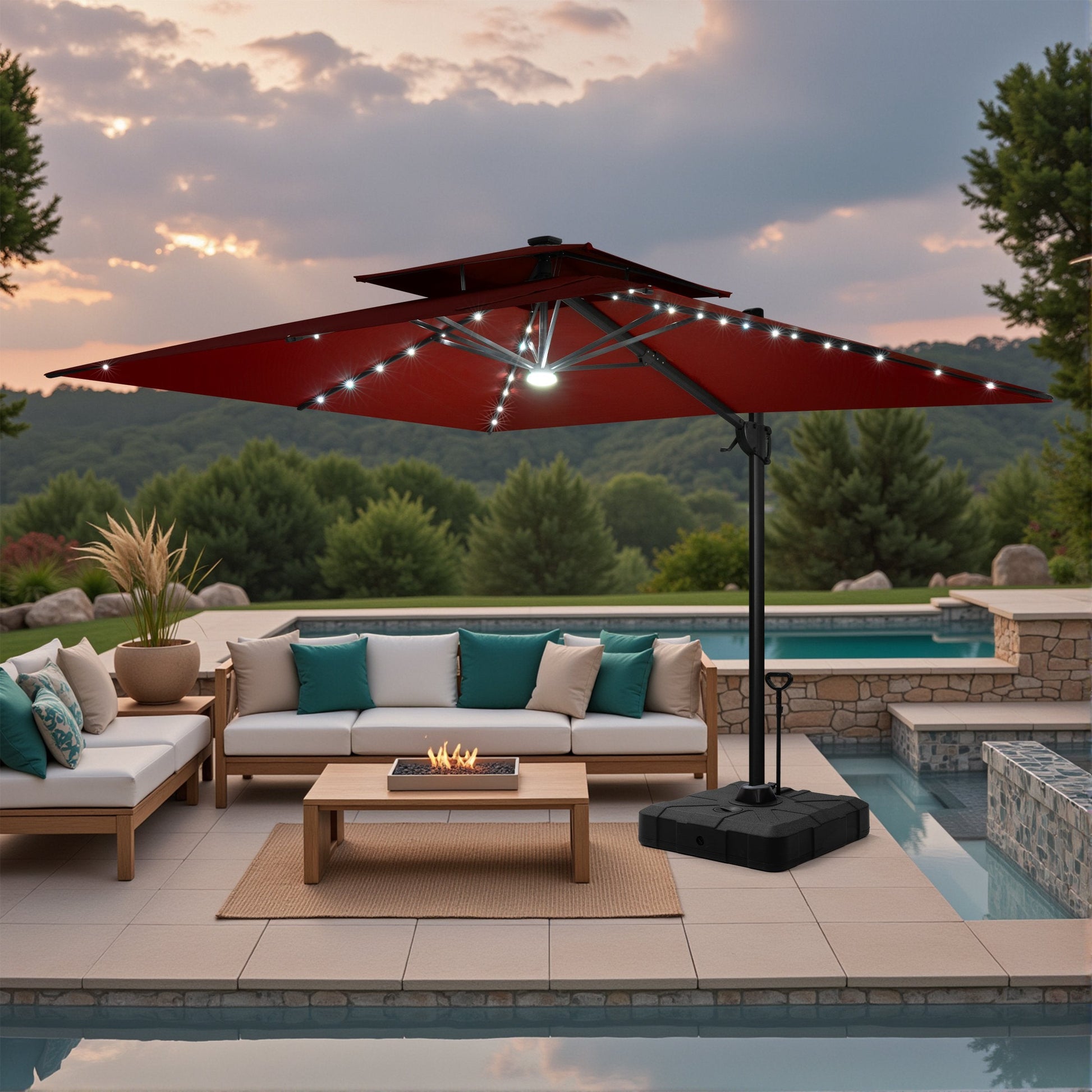 Lighted Crestlive 11x9 ft red cantilever umbrella with wheeled base shading a poolside fire pit set at sunset