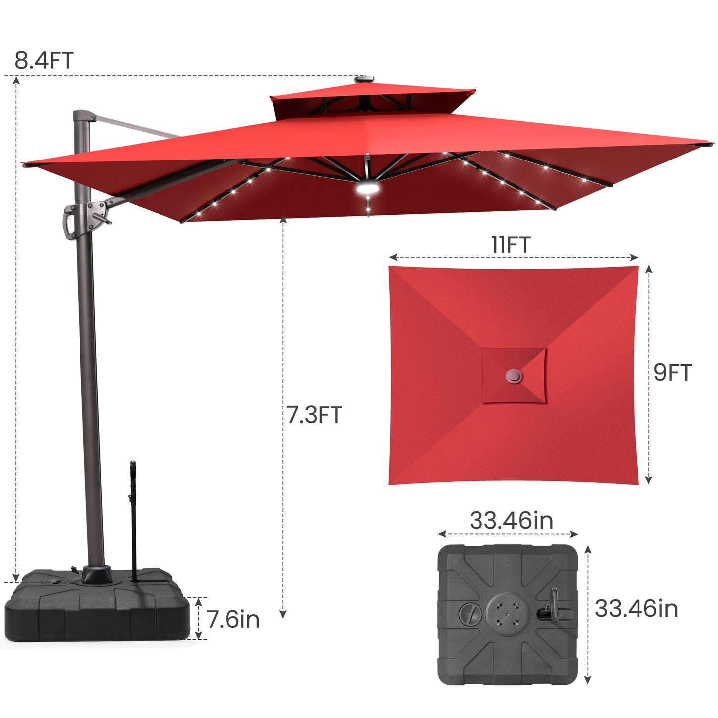Size guide for Crestlive 11x9 ft red lighted cantilever patio umbrella with wheeled base showing 8.4ft total height