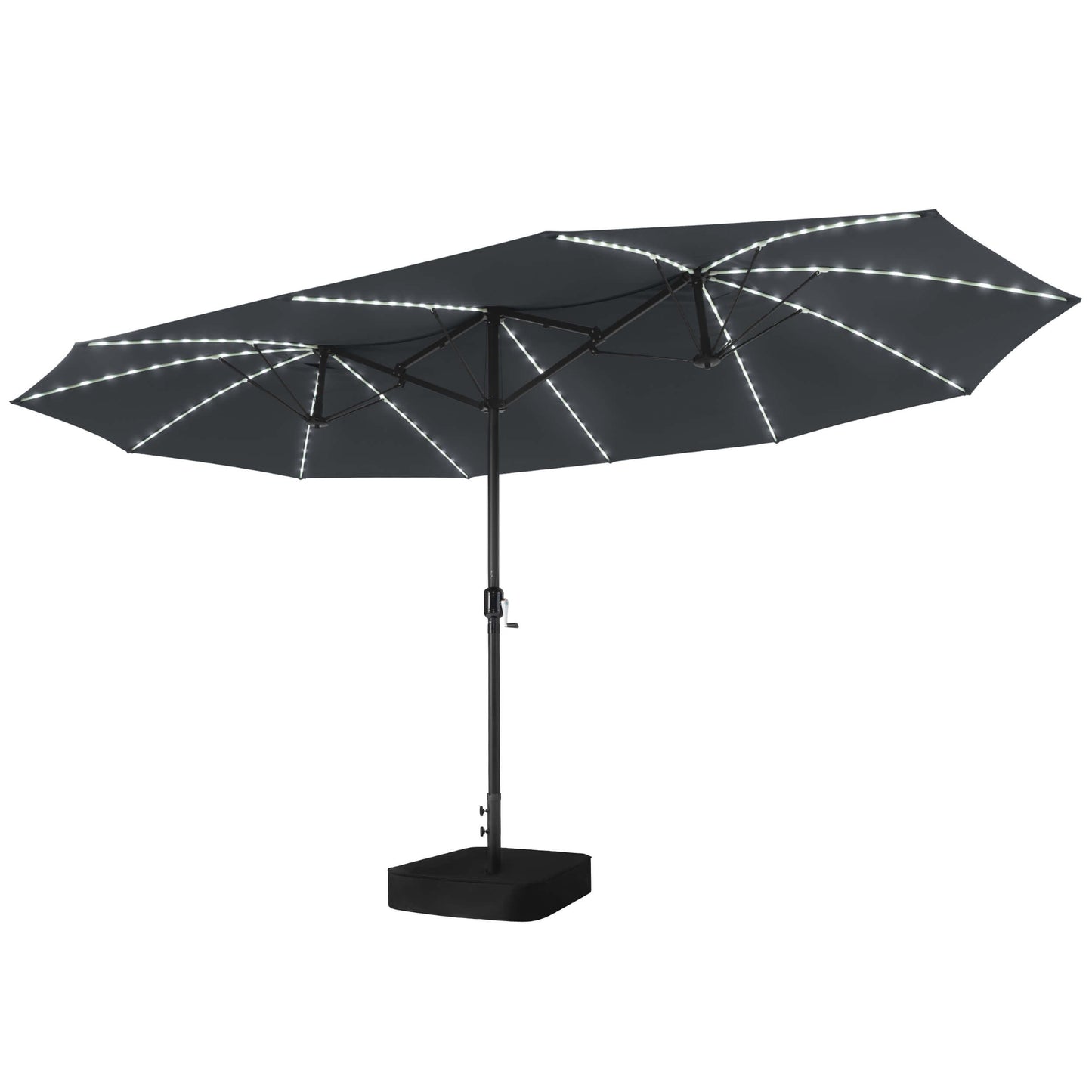 15x9 ft dark grey double-sided market umbrella with built-in solar LED lights, metal frame and base details.