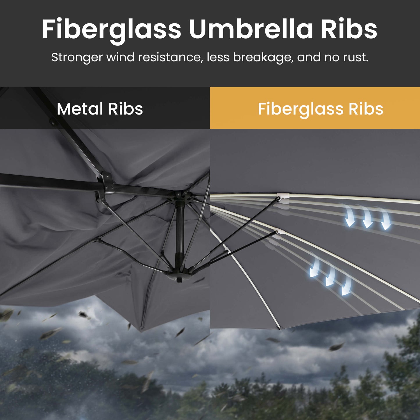 Fiberglass ribs comparison vs metal ribs on 15x9 ft dark grey market umbrella for wind resistance details.