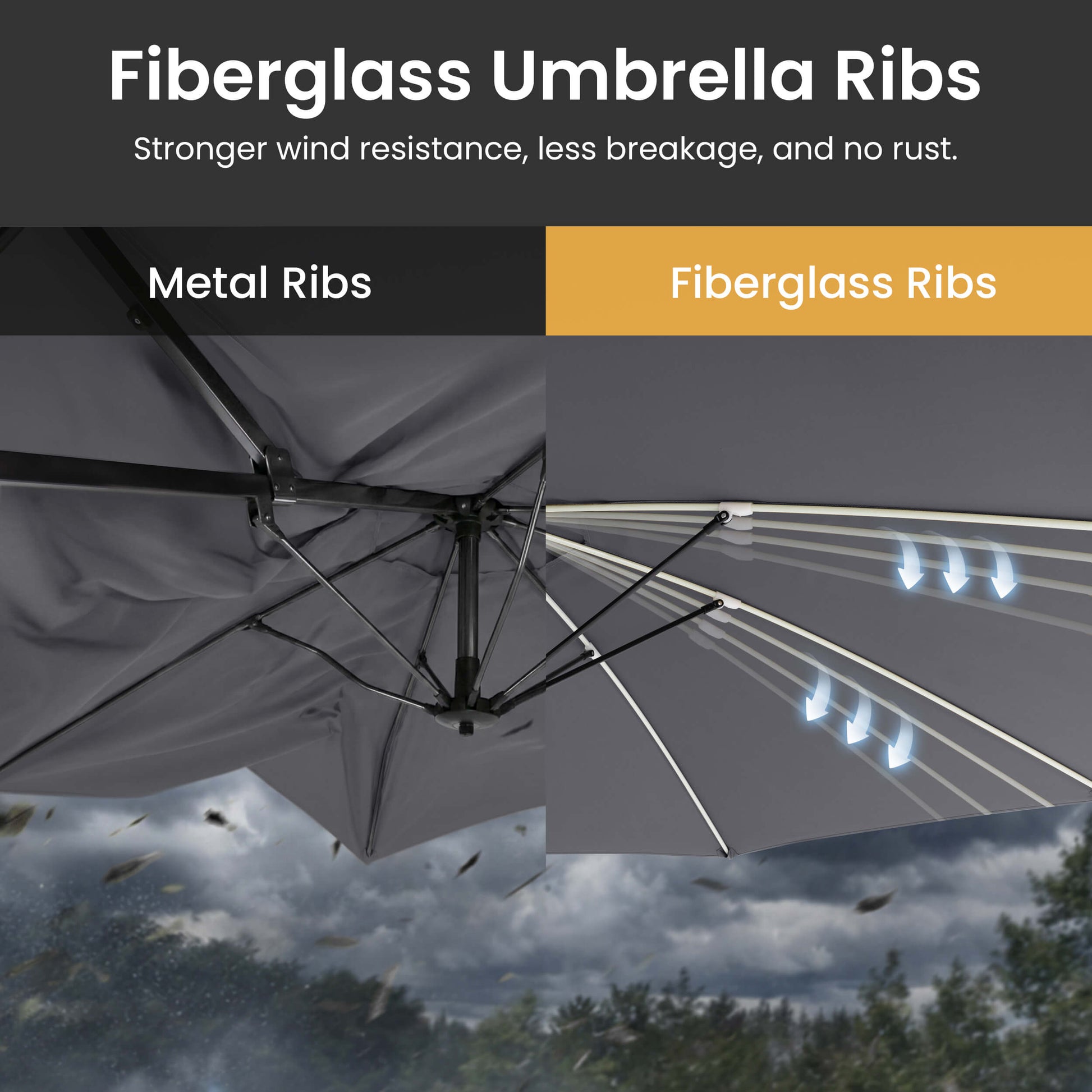 Fiberglass ribs comparison vs metal ribs on 15x9 ft dark grey market umbrella for wind resistance details.